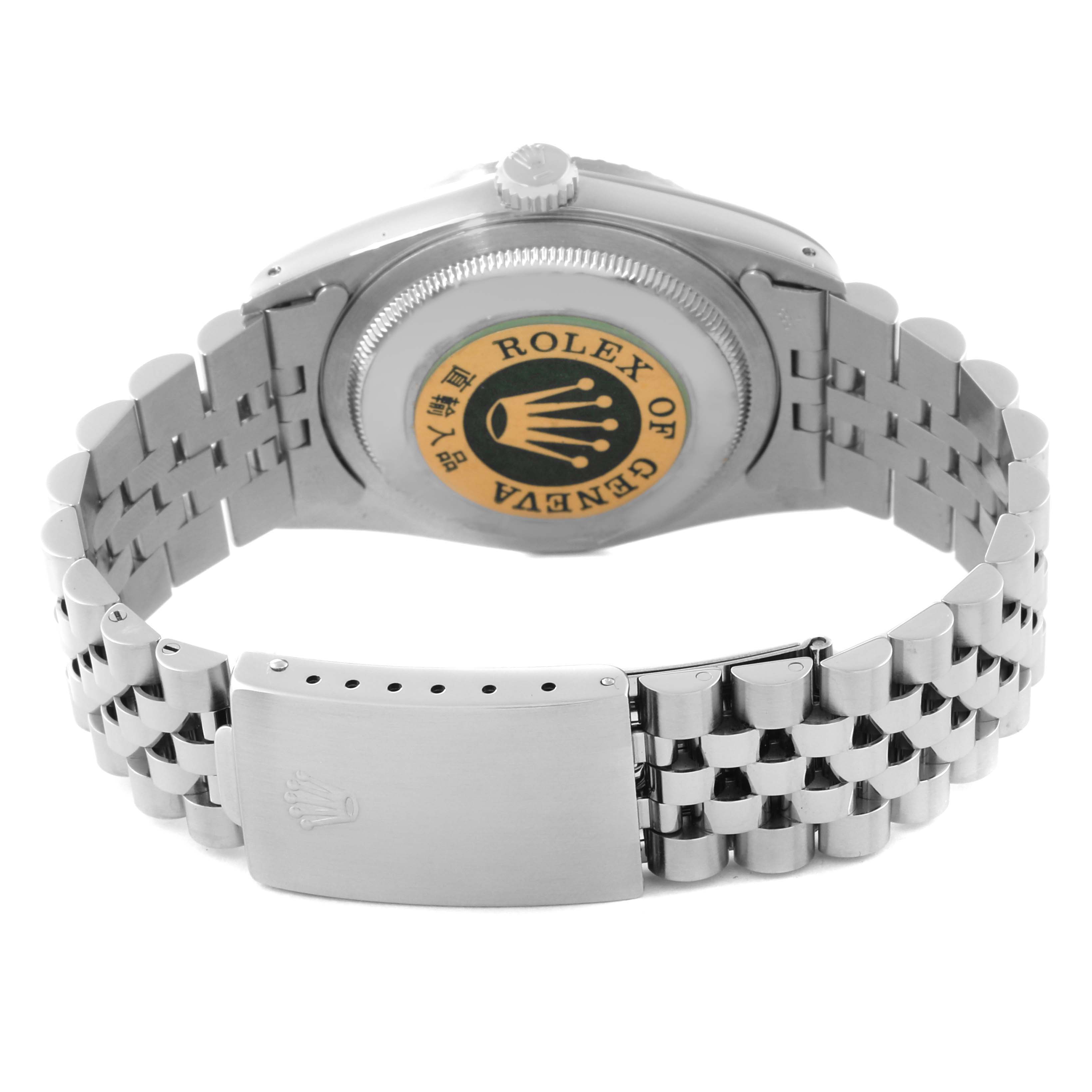 This image shows the back and bracelet of a Rolex Datejust 16220 Men's Stainless Steel Silver Dial 16220 Men's Stainless Steel Silver Dial watch, highlighting the clasp and case back.