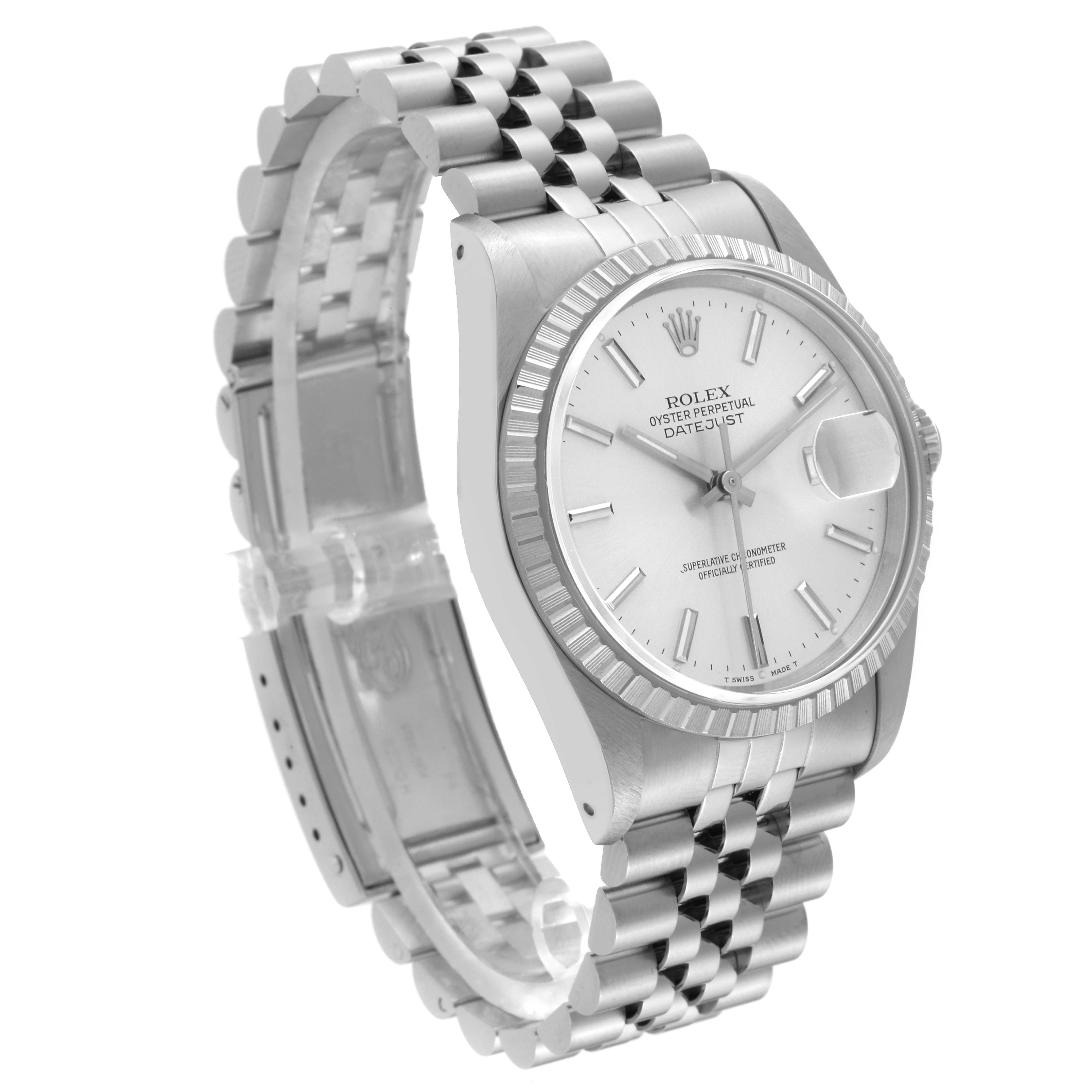 The image shows a side-angle view of a Rolex Datejust 16220 Men's Stainless Steel Silver Dial 16220 Men's Stainless Steel Silver Dial watch, displaying its face, bezel, and bracelet.