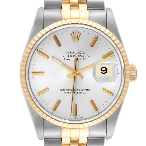 The image shows a frontal view of a Rolex Datejust watch, highlighting its dial, date window, and two-tone bracelet.