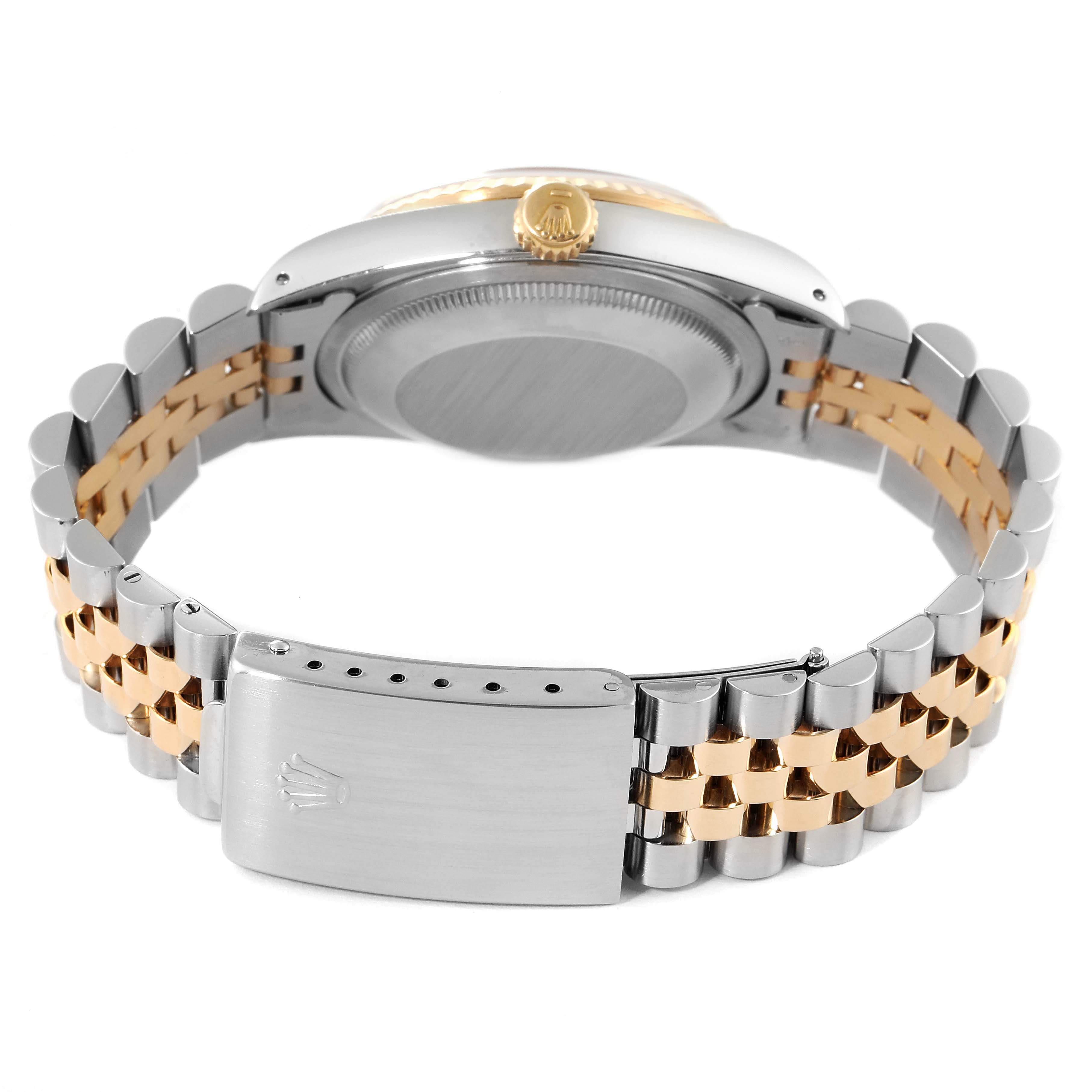 This image shows the back of a Rolex Datejust 16233 Men's Steel and Gold (two tone) Champagne Dial 16233 Men's Steel and Gold (two tone) Champagne Dial model watch, focusing on the case back, crown, and two-tone jubilee bracelet with clasp.