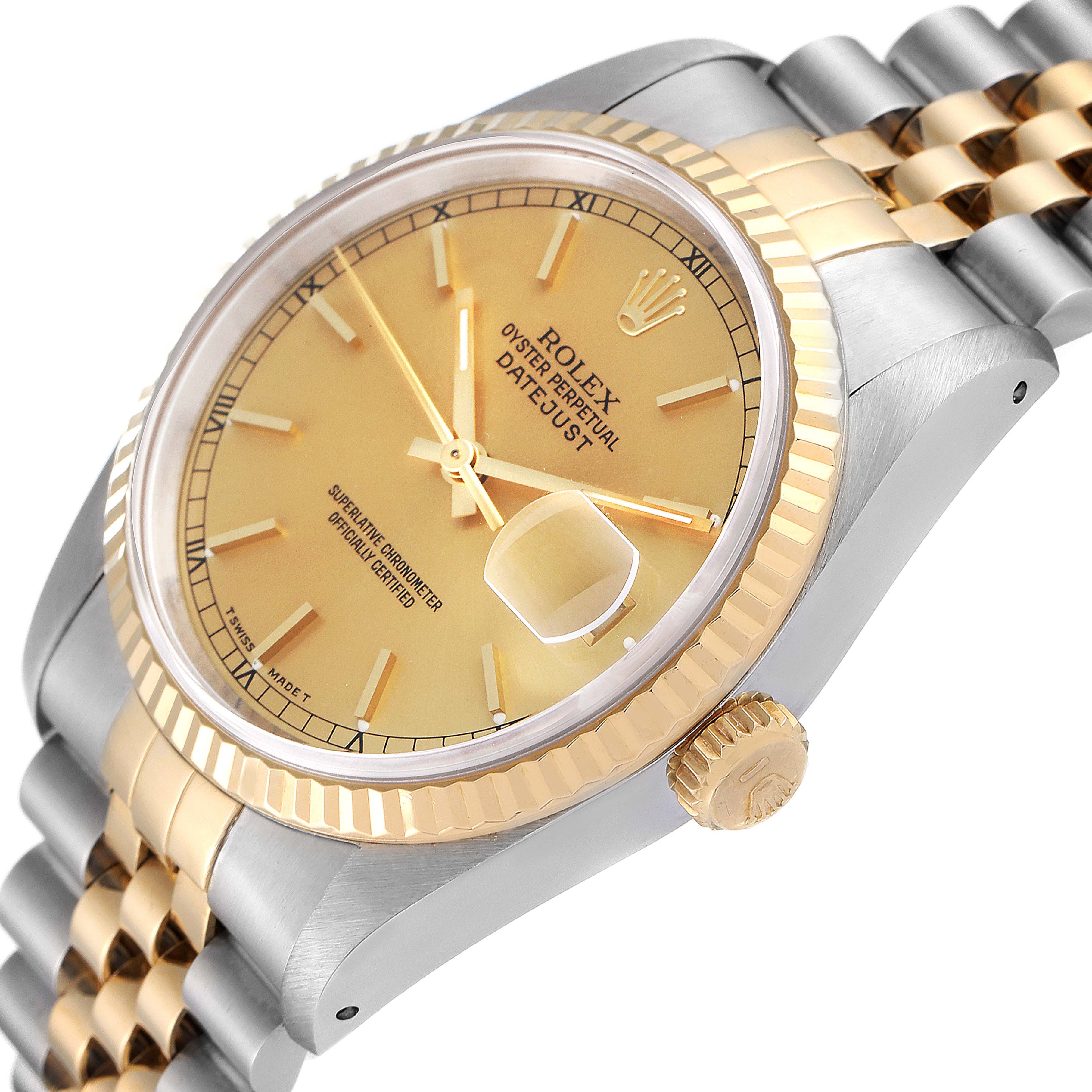 This Rolex Datejust 16233 Men's Steel and Gold (two tone) Champagne Dial 16233 Men's Steel and Gold (two tone) Champagne Dial watch is shown from an angled side view, highlighting the gold dial, fluted bezel, and two-tone bracelet.