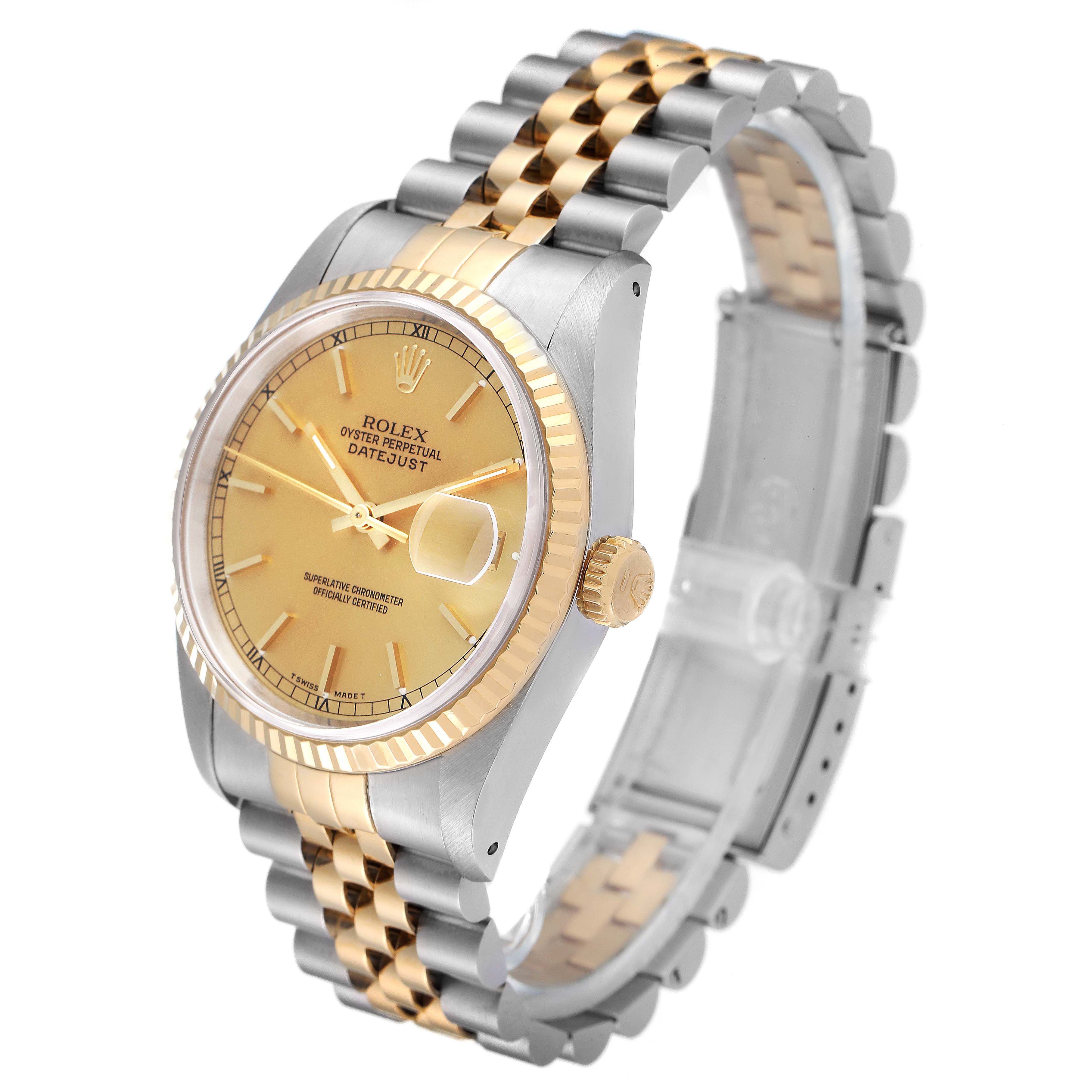 The image shows a side angle of the Rolex Datejust 16233 Men's Steel and Gold (two tone) Champagne Dial 16233 Men's Steel and Gold (two tone) Champagne Dial watch, featuring the face, bezel, crown, and part of the bracelet.