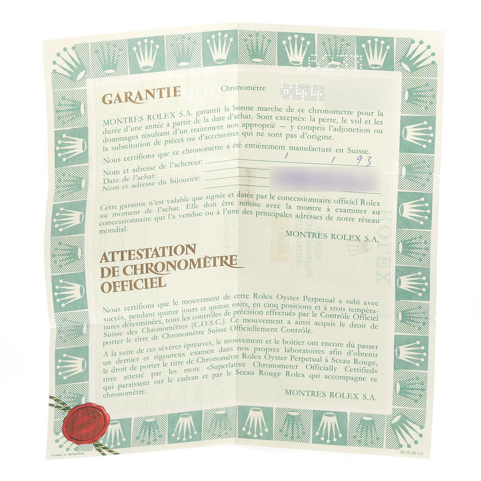 The image shows a warranty and chronometer certification document for a Rolex Datejust 16233 Men's Steel and Gold (two tone) Champagne Dial 16233 Men's Steel and Gold (two tone) Champagne Dial watch.