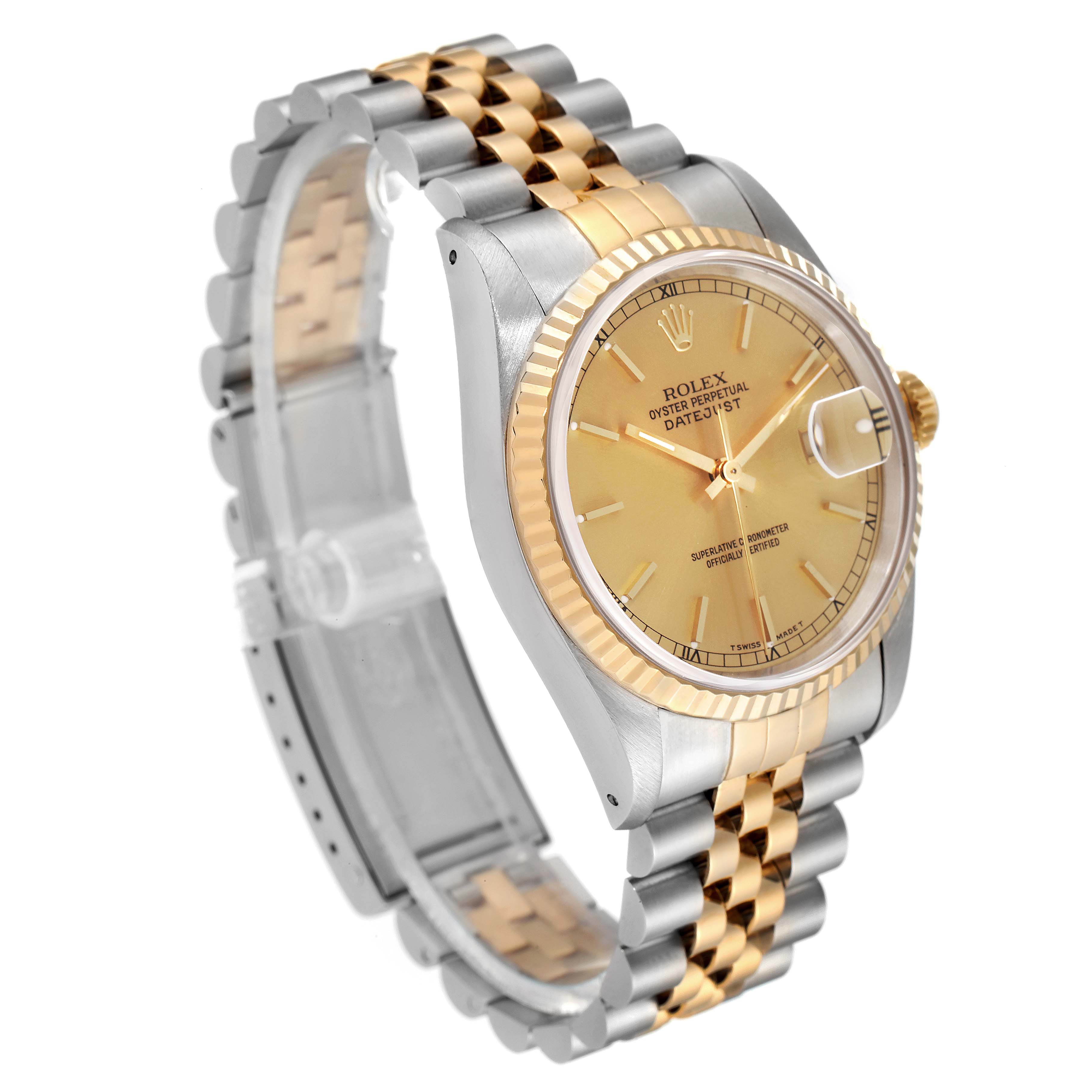The Rolex Datejust 16233 Men's Steel and Gold (two tone) Champagne Dial 16233 Men's Steel and Gold (two tone) Champagne Dial watch is shown at a three-quarter angle, displaying its fluted bezel, champagne dial, and two-tone Jubilee bracelet.