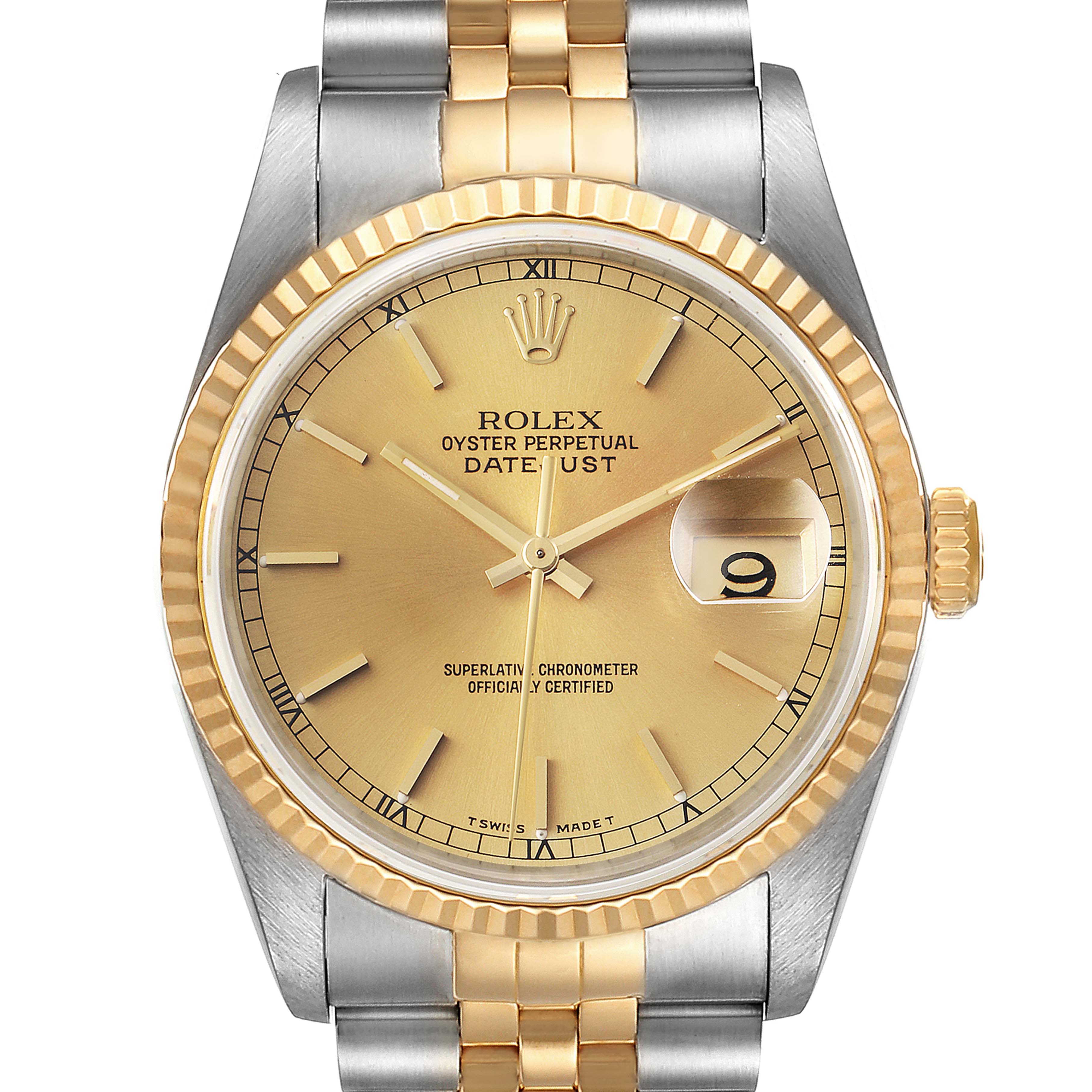 This is a close-up view of the Rolex Datejust 16233 Men's Steel and Gold (two tone) Champagne Dial 16233 Men's Steel and Gold (two tone) Champagne Dial model, showing the dial, bezel, and part of the bracelet.