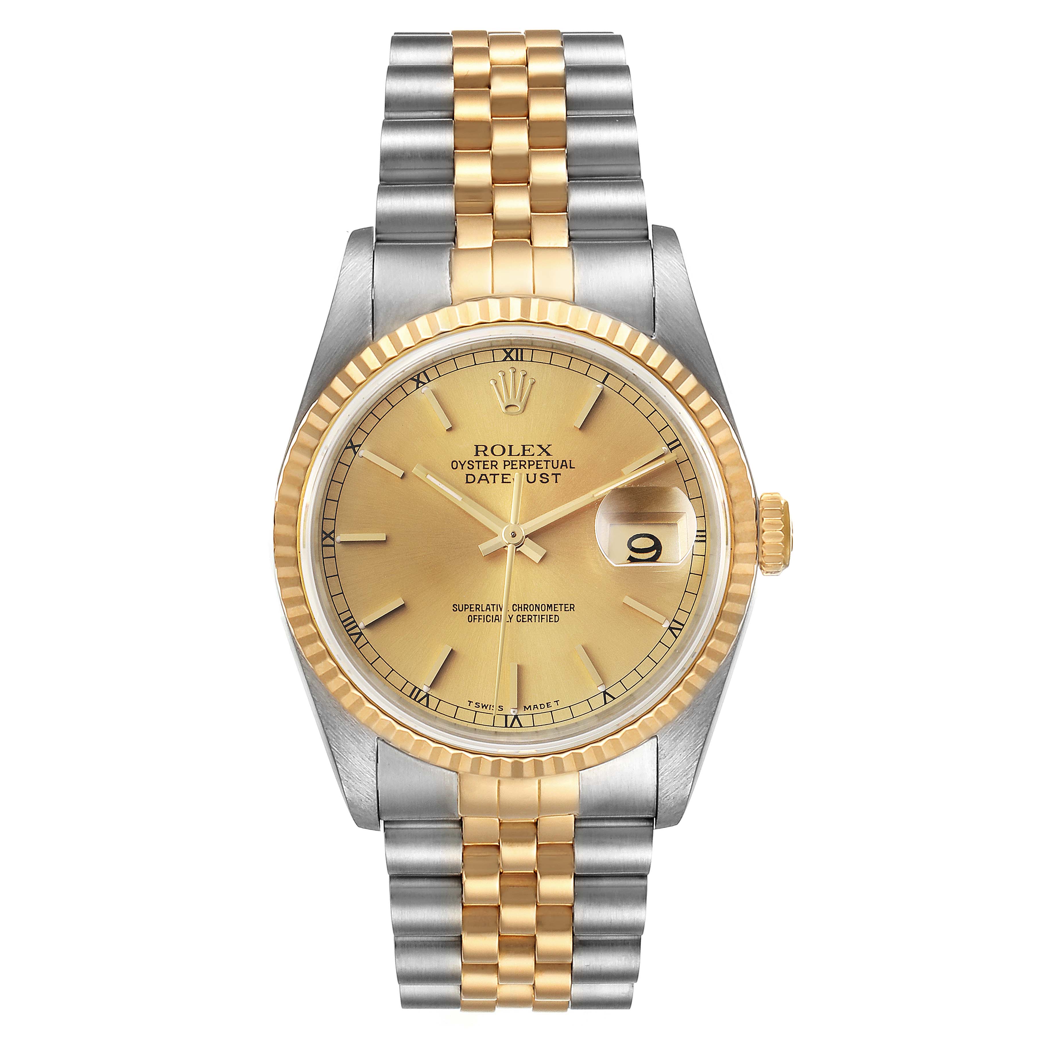 The image shows a front view of a Rolex Datejust 16233 Men's Steel and Gold (two tone) Champagne Dial 16233 Men's Steel and Gold (two tone) Champagne Dial watch, displaying its dial, bezel, and two-tone bracelet.