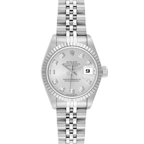 This is a Rolex Datejust watch shown from a front angle, displaying the dial, bezel, and bracelet.