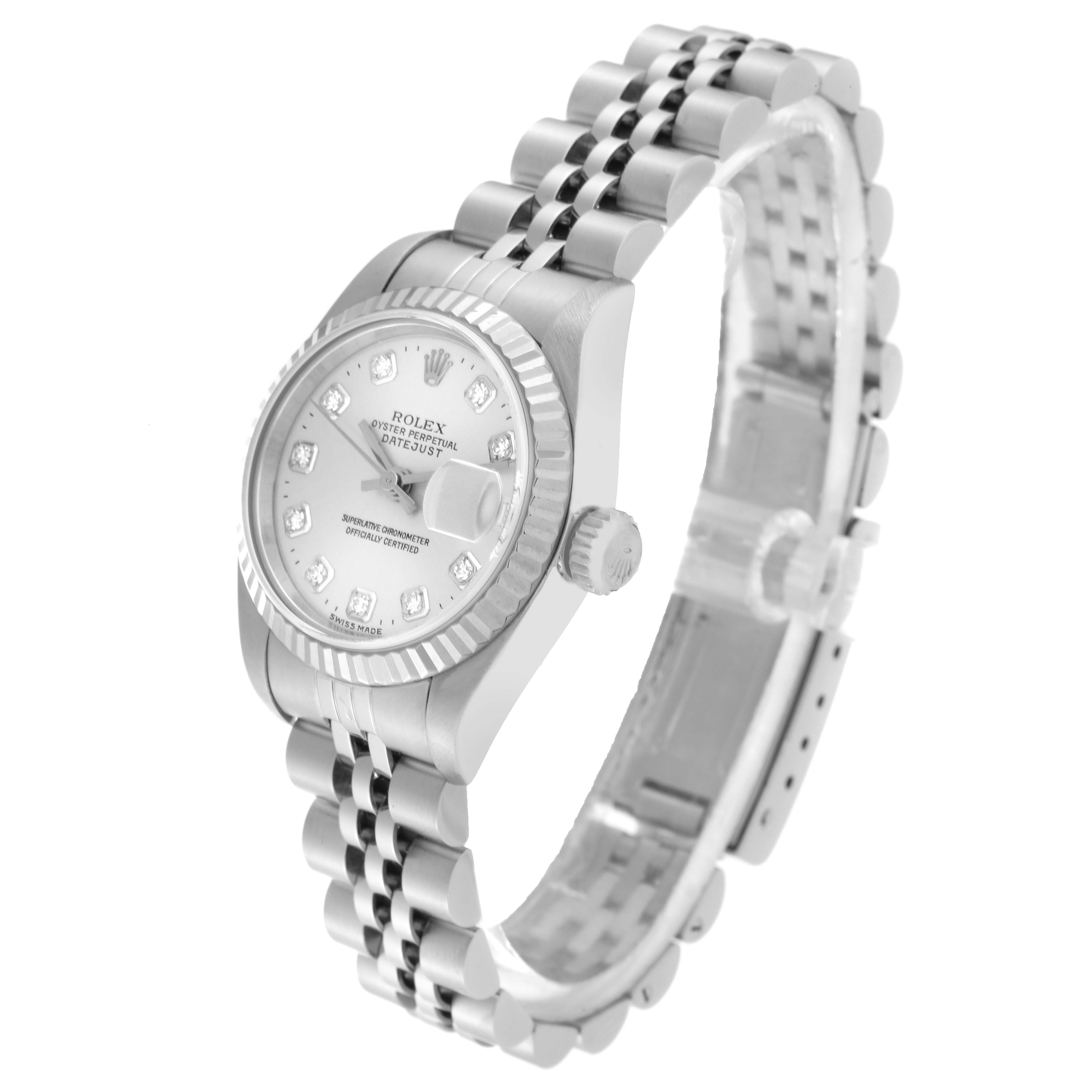 This image shows a Rolex Datejust 69174 Women's Stainless Steel Silver Dial 69174 Women's Stainless Steel Silver Dial watch from an angled side view, highlighting the face, bezel, and bracelet.