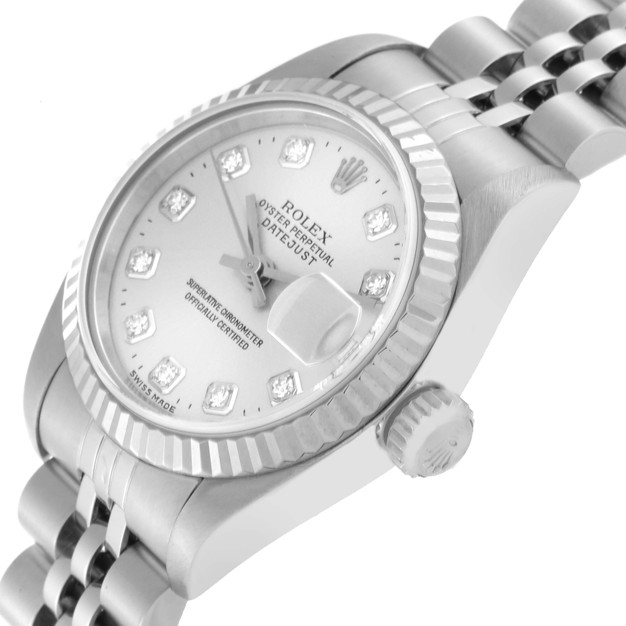 The image shows a close-up side view of a Rolex Datejust 69174 Women's Stainless Steel Silver Dial 69174 Women's Stainless Steel Silver Dial watch, highlighting the dial, bezel, crown, and part of the bracelet.
