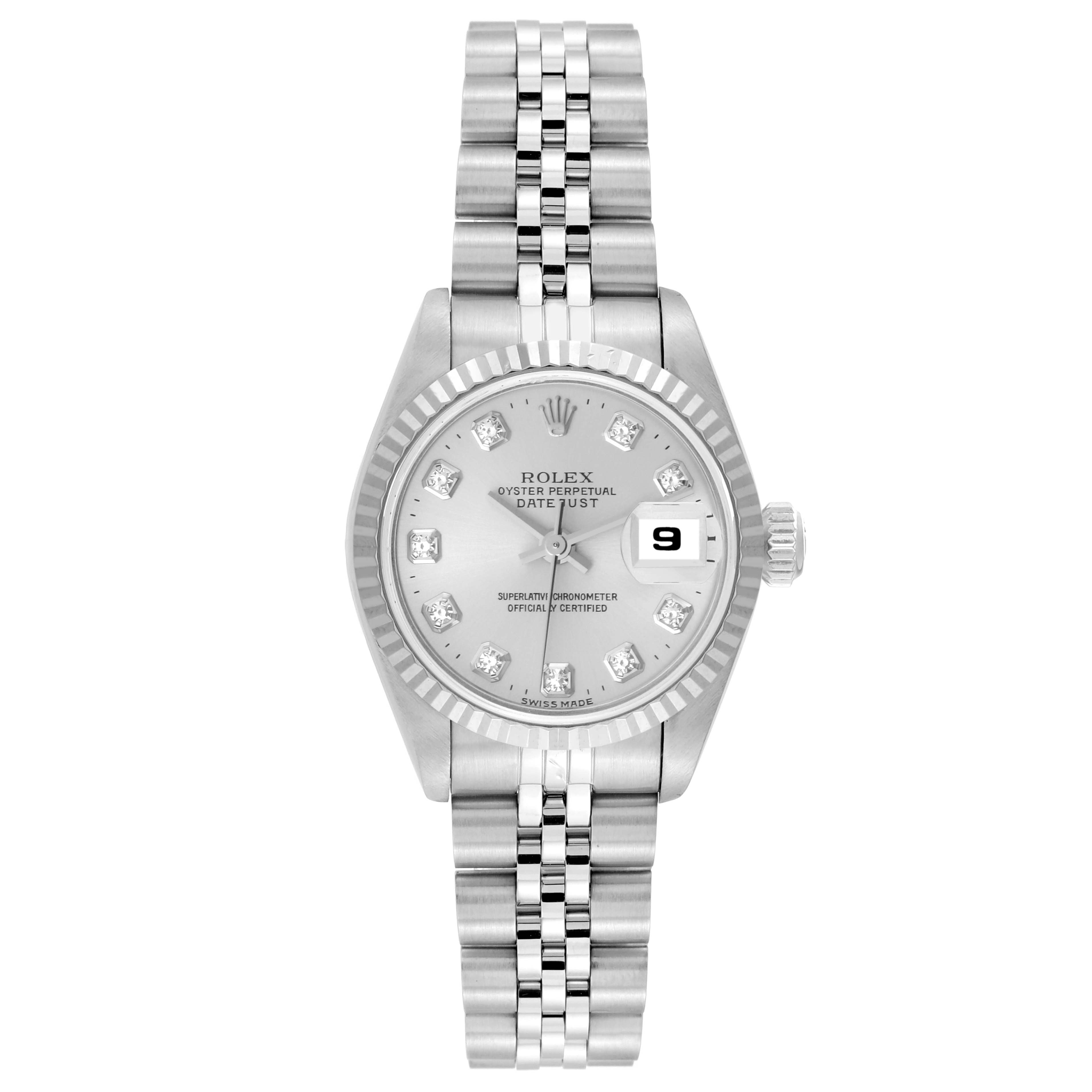 This image shows a frontal view of a Rolex Datejust 69174 Women's Stainless Steel Silver Dial 69174 Women's Stainless Steel Silver Dial watch featuring a silver dial, diamond markers, and a Jubilee bracelet.
