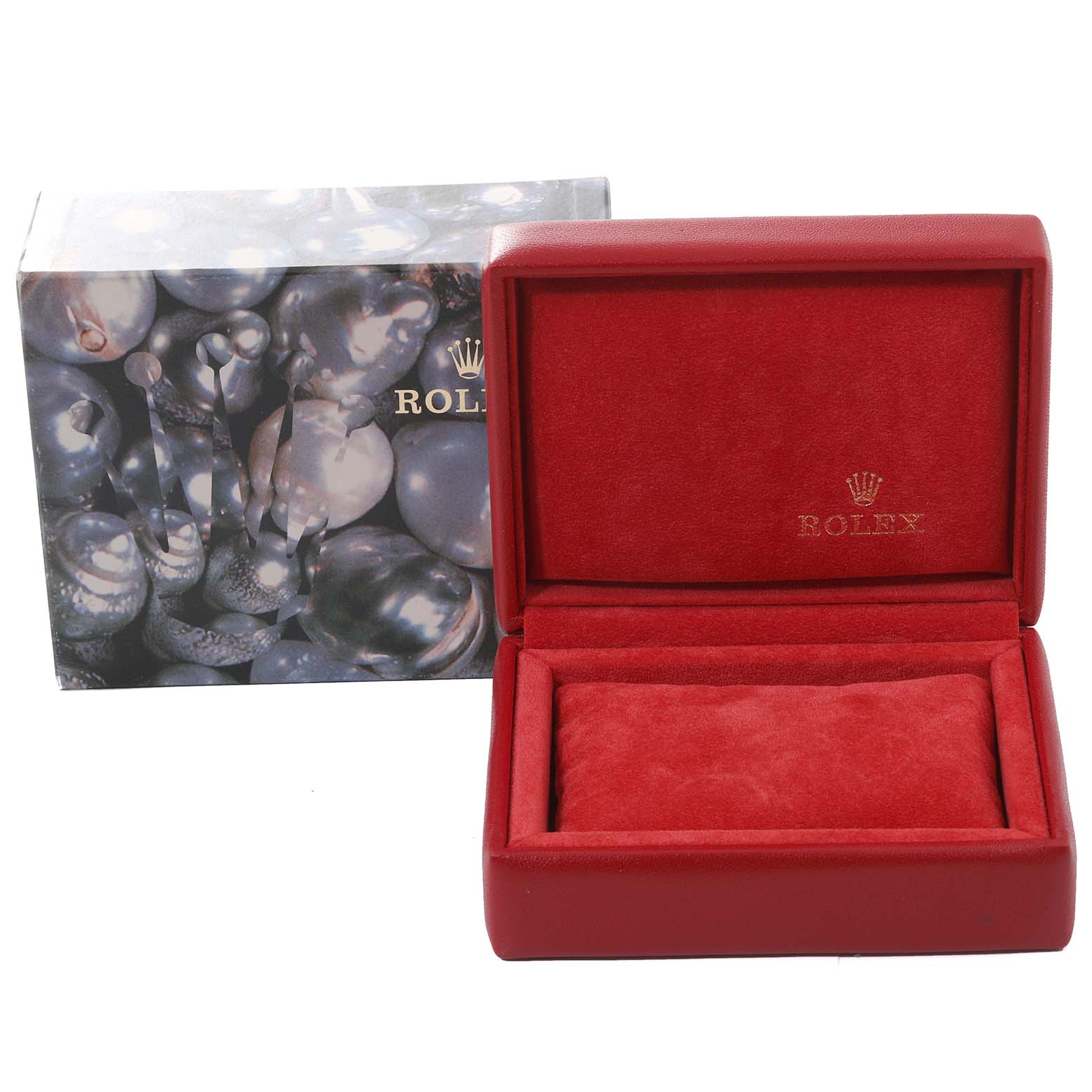 The image shows a red Rolex Datejust 69174 Women's Stainless Steel Silver Dial 69174 Women's Stainless Steel Silver Dial watch case and its decorative outer box.
