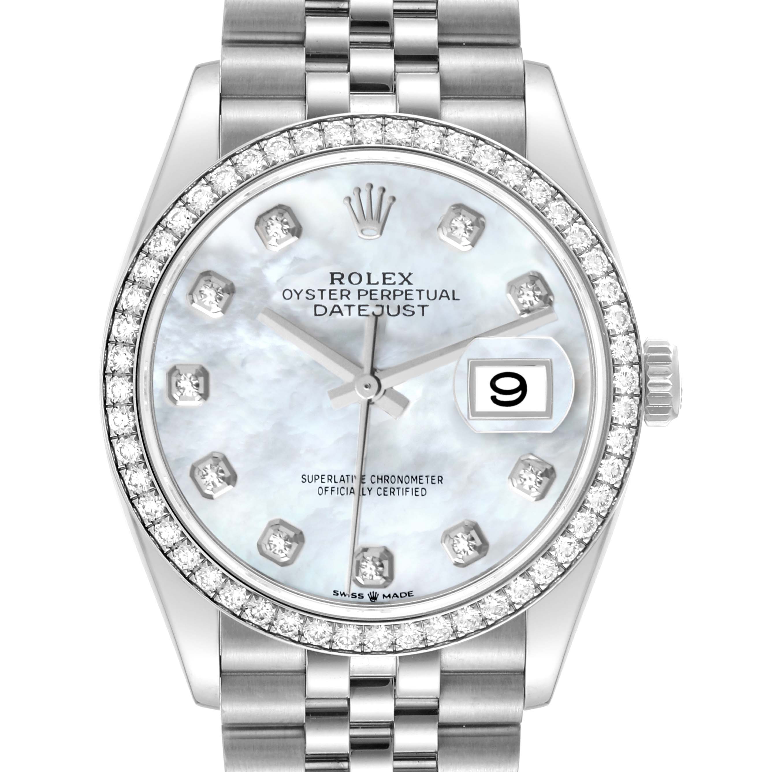 This Rolex Datejust 126284 Men's Stainless Steel Mother of Pearl Dial 126284 Men's Stainless Steel Mother of Pearl Dial watch is shown from a front view, highlighting the face, bezel, and part of the bracelet.