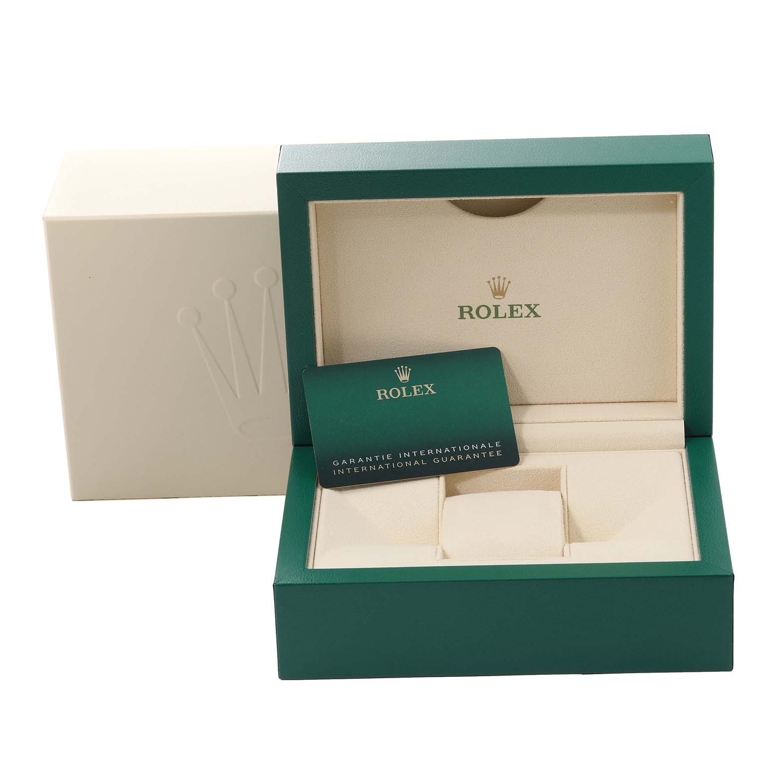The image shows the Rolex Datejust 126284 Men's Stainless Steel Mother of Pearl Dial 126284 Men's Stainless Steel Mother of Pearl Dial watch box and guarantee card at an open angle.
