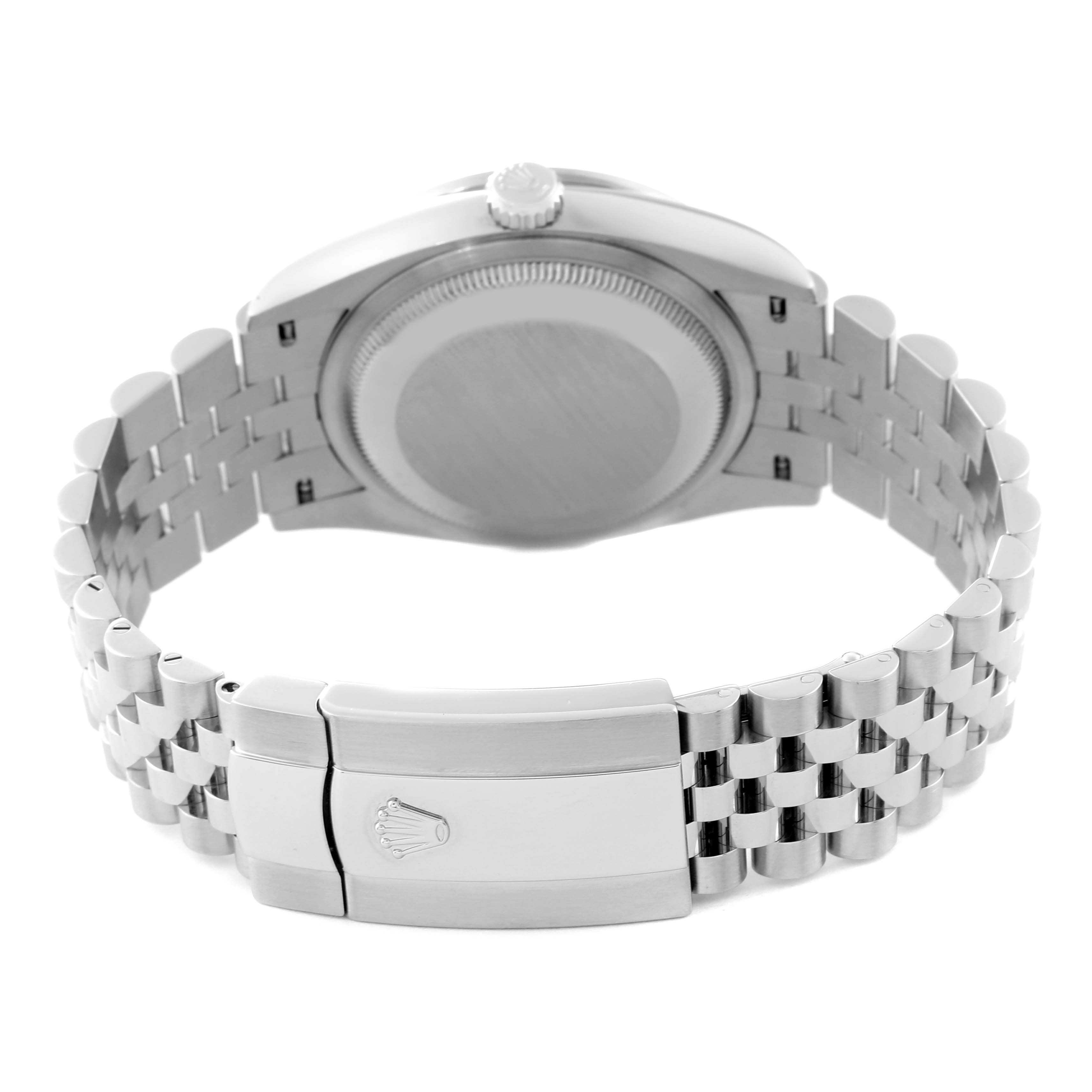 This image shows a rear view of the Rolex Datejust 126284 Men's Stainless Steel Mother of Pearl Dial 126284 Men's Stainless Steel Mother of Pearl Dial watch, highlighting the case back, crown, and bracelet clasp.