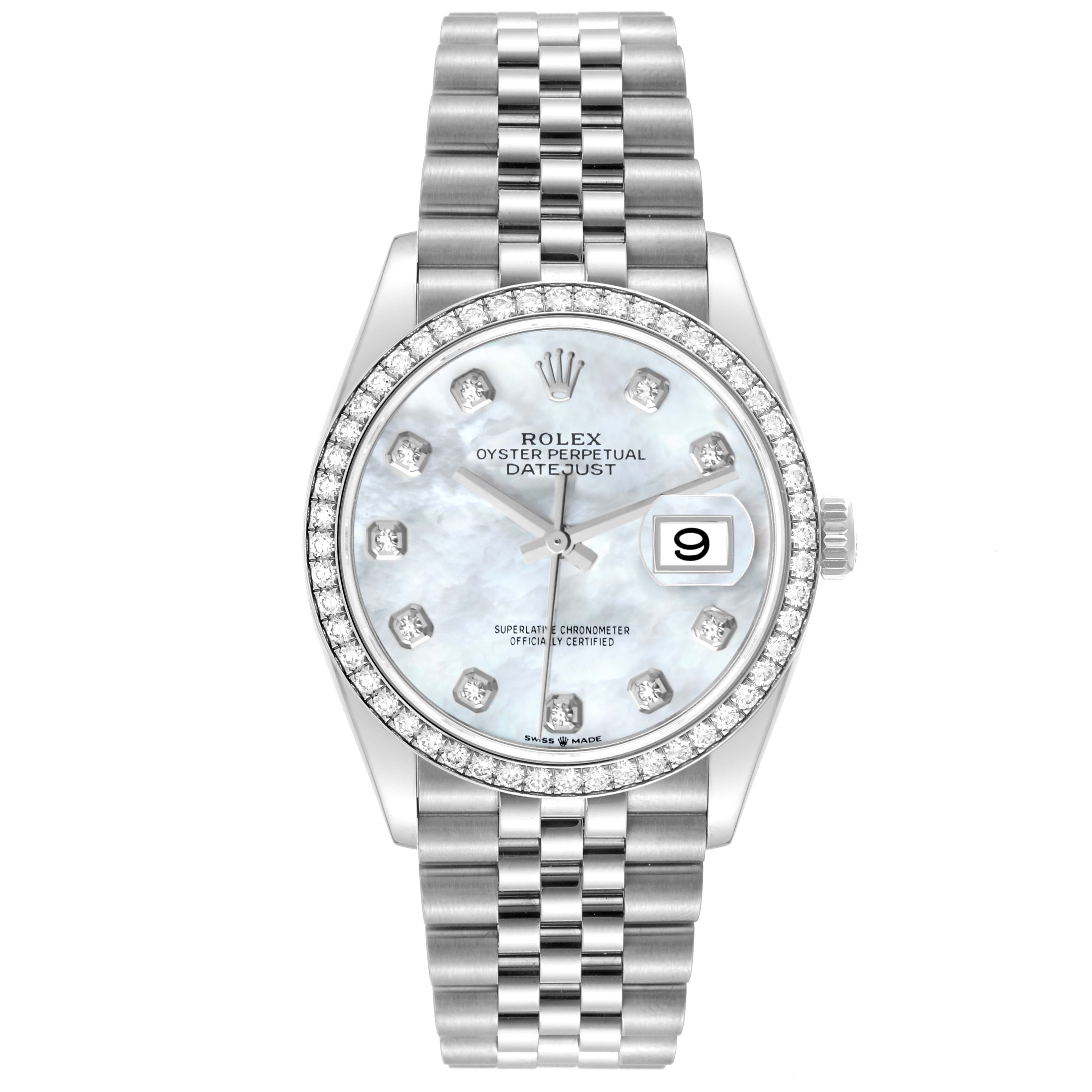 This is a top-front view of a Rolex Datejust 126284 Men's Stainless Steel Mother of Pearl Dial 126284 Men's Stainless Steel Mother of Pearl Dial watch, showing the face, bezel, crown, and bracelet.