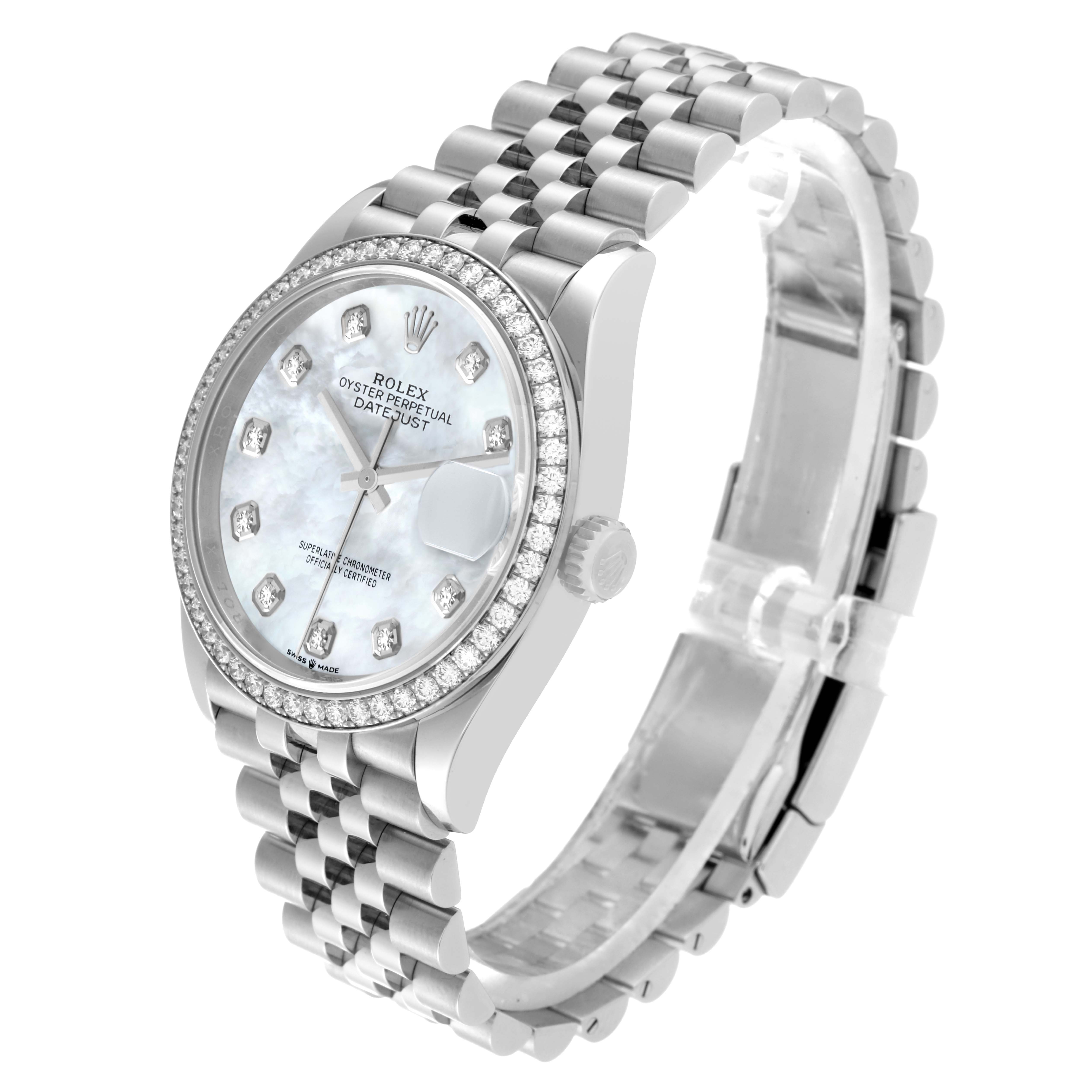 The image shows a Rolex Datejust 126284 Men's Stainless Steel Mother of Pearl Dial 126284 Men's Stainless Steel Mother of Pearl Dial watch angled to display its diamond bezel, dial, and Jubilee bracelet.