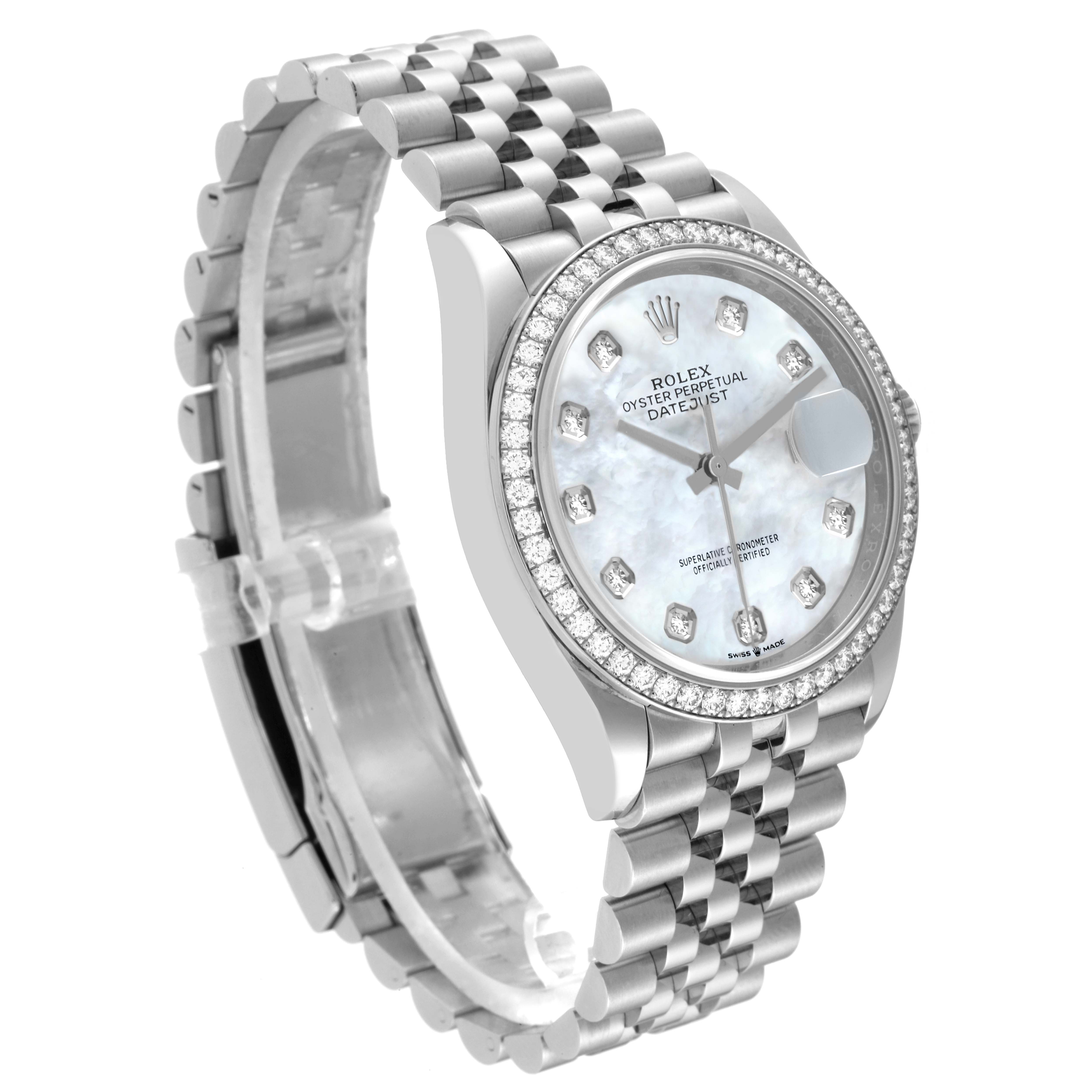 The Rolex Datejust 126284 Men's Stainless Steel Mother of Pearl Dial 126284 Men's Stainless Steel Mother of Pearl Dial watch is shown from a front-left angle, highlighting its bracelet, bezel, and dial.