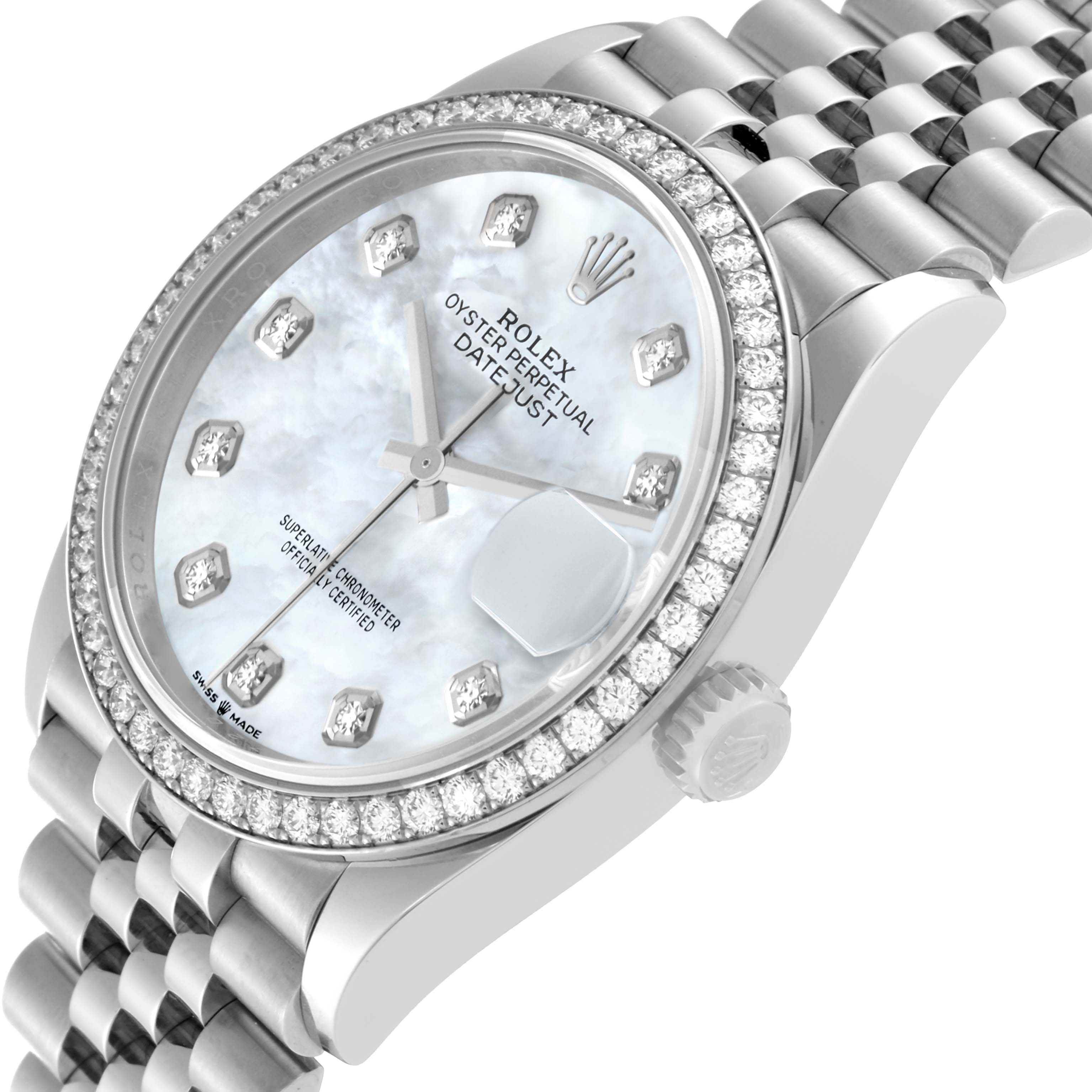 The image shows a close-up angle of the Rolex Datejust 126284 Men's Stainless Steel Mother of Pearl Dial 126284 Men's Stainless Steel Mother of Pearl Dial watch, highlighting the dial, bezel, and part of the bracelet.