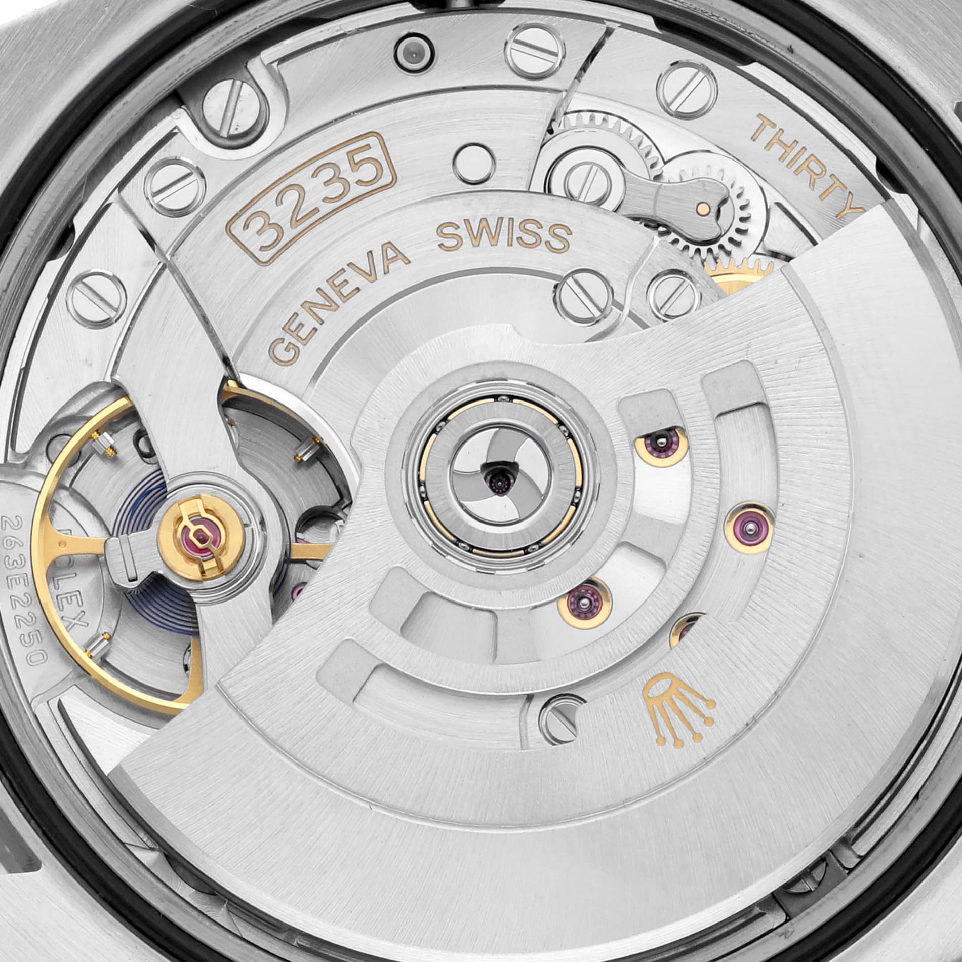 This image shows a close-up view of the movement mechanism in a Rolex Datejust 126284 Men's Stainless Steel Mother of Pearl Dial 126284 Men's Stainless Steel Mother of Pearl Dial 3235 model.