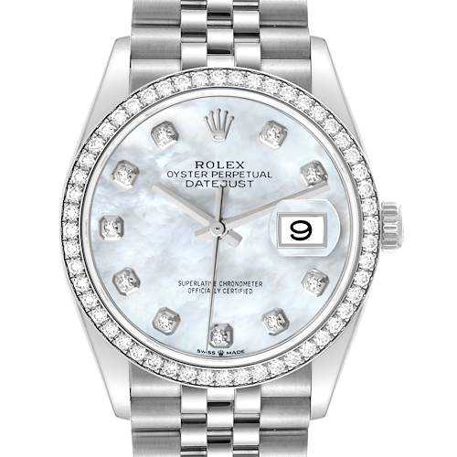 This image shows a Rolex Datejust watch from a front-facing angle, highlighting its dial, bezel, and part of the bracelet.