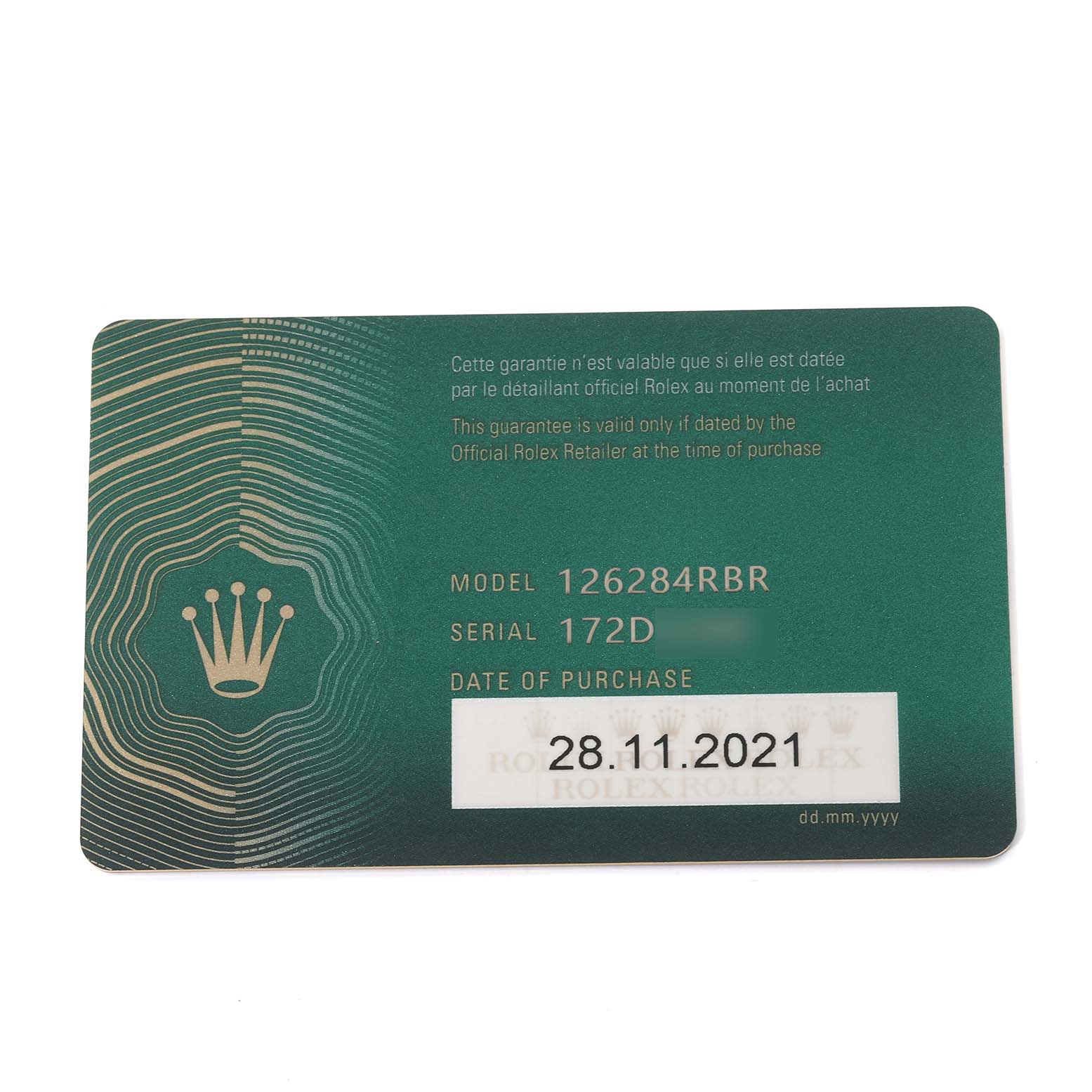 The image shows the warranty card of a Rolex Datejust 126284 Men's Stainless Steel Mother of Pearl Dial 126284 Men's Stainless Steel Mother of Pearl Dial model 126284RBR with the purchase date.