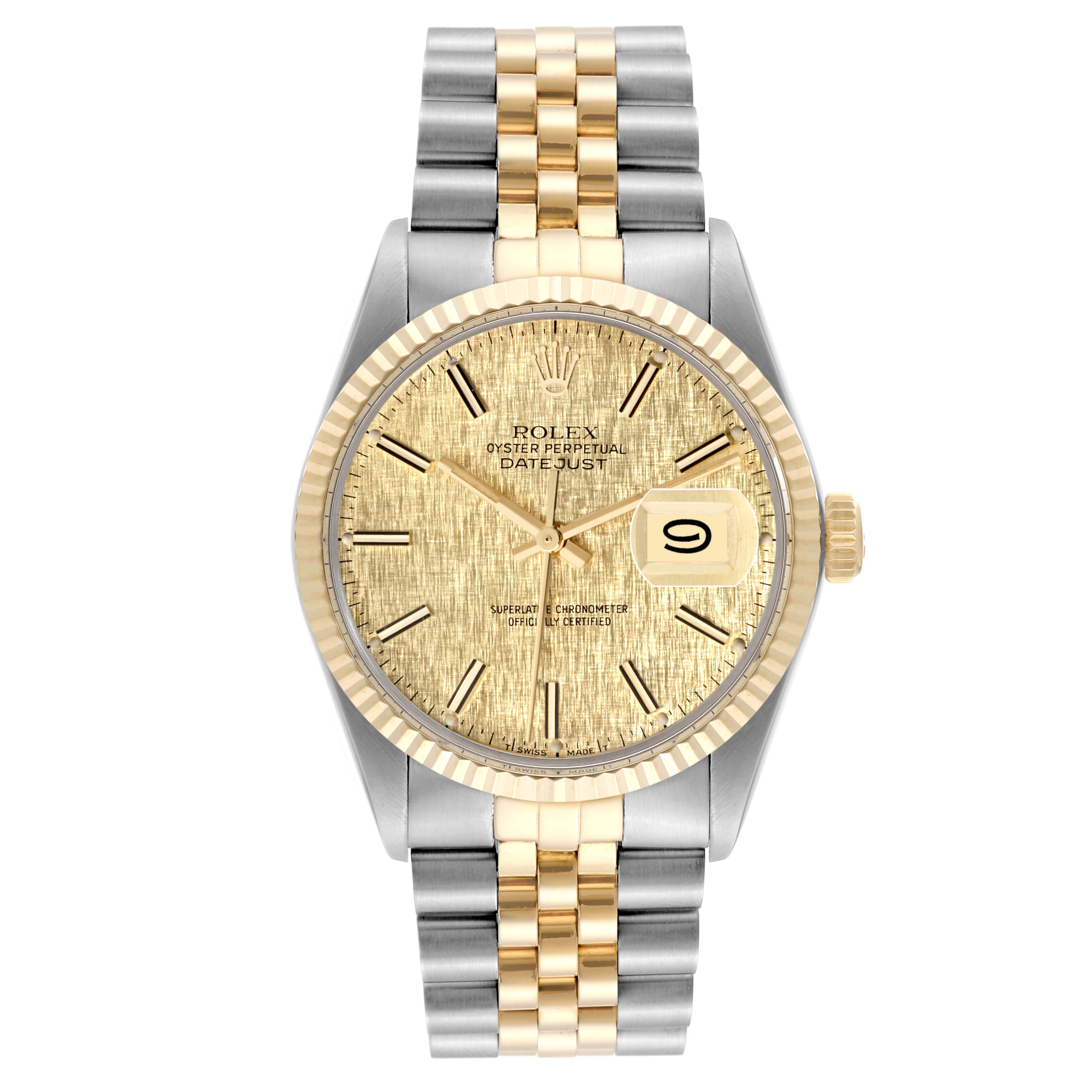 The Rolex Vintage Collection 16013 Men's Steel and Gold (two tone) Champagne Dial 16013 Men's Steel and Gold (two tone) Champagne Dial watch is shown from a front angle, highlighting the gold and silver bracelet, gold dial, and date display.