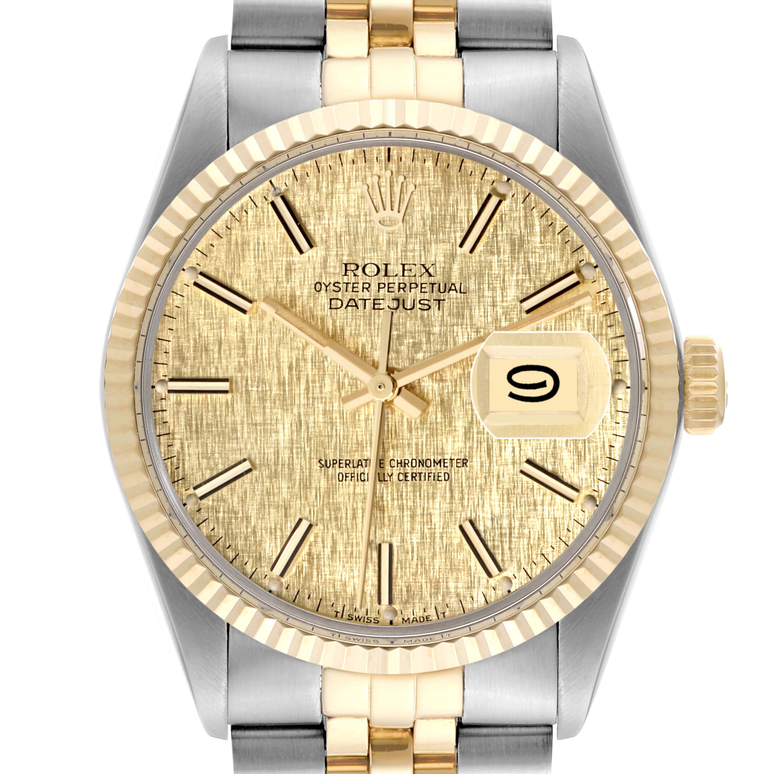 The image shows a Rolex Vintage Collection 16013 Men's Steel and Gold (two tone) Champagne Dial 16013 Men's Steel and Gold (two tone) Champagne Dial Datejust watch from a front angle, highlighting the gold dial, bezel, hands, and bracelet.