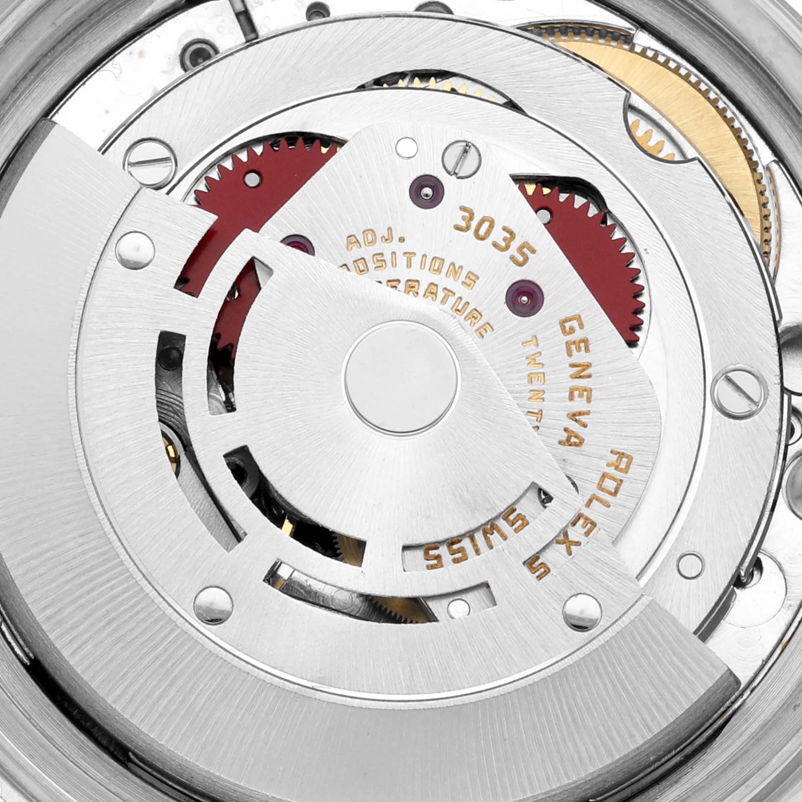 The image shows the intricate internal movement parts of a Rolex Vintage Collection 16013 Men's Steel and Gold (two tone) Champagne Dial 16013 Men's Steel and Gold (two tone) Champagne Dial watch at a close-up angle.