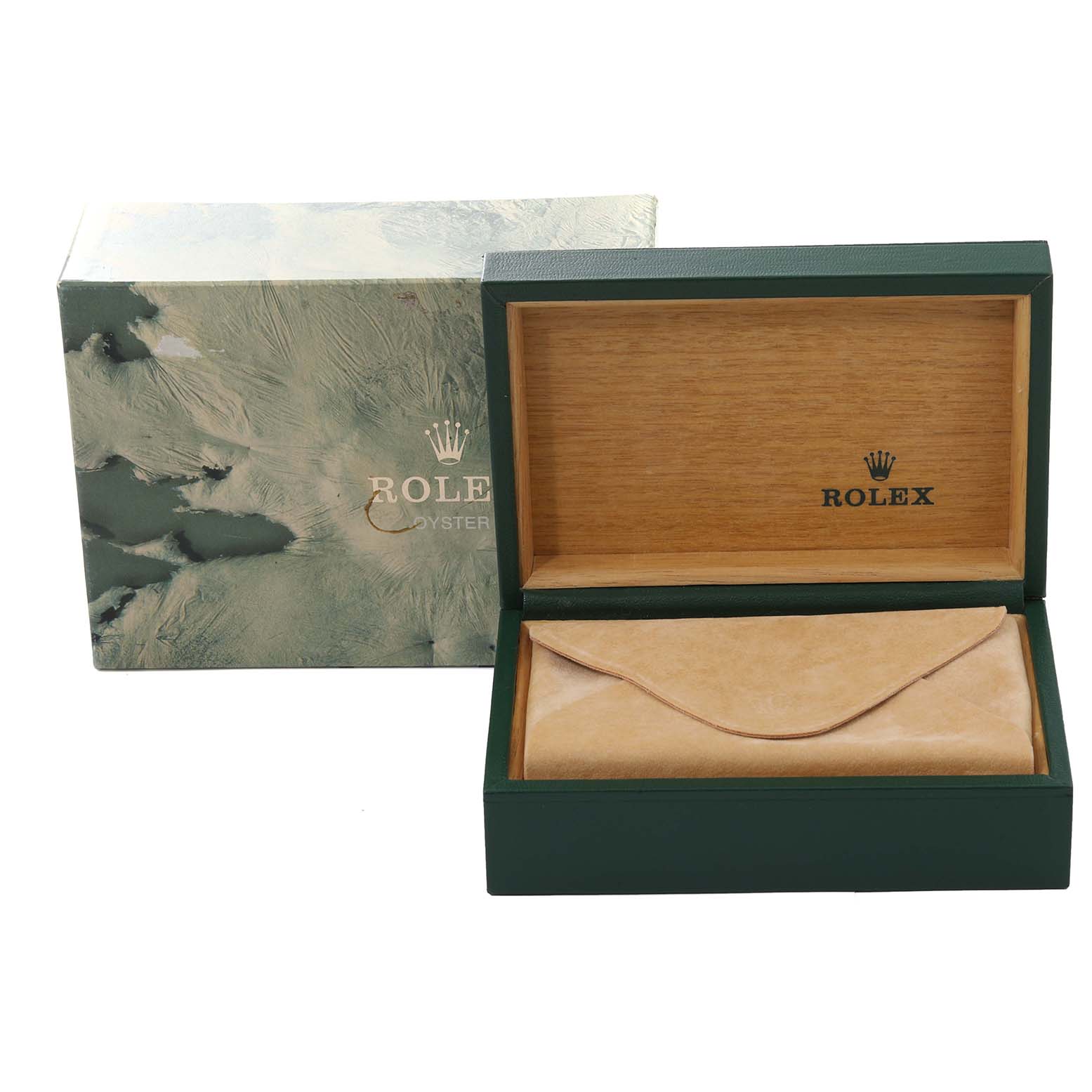 The image shows a Rolex Vintage Collection 16013 Men's Steel and Gold (two tone) Champagne Dial 16013 Men's Steel and Gold (two tone) Champagne Dial watch box, including an exterior box and an open wooden interior box with a protective pouch.