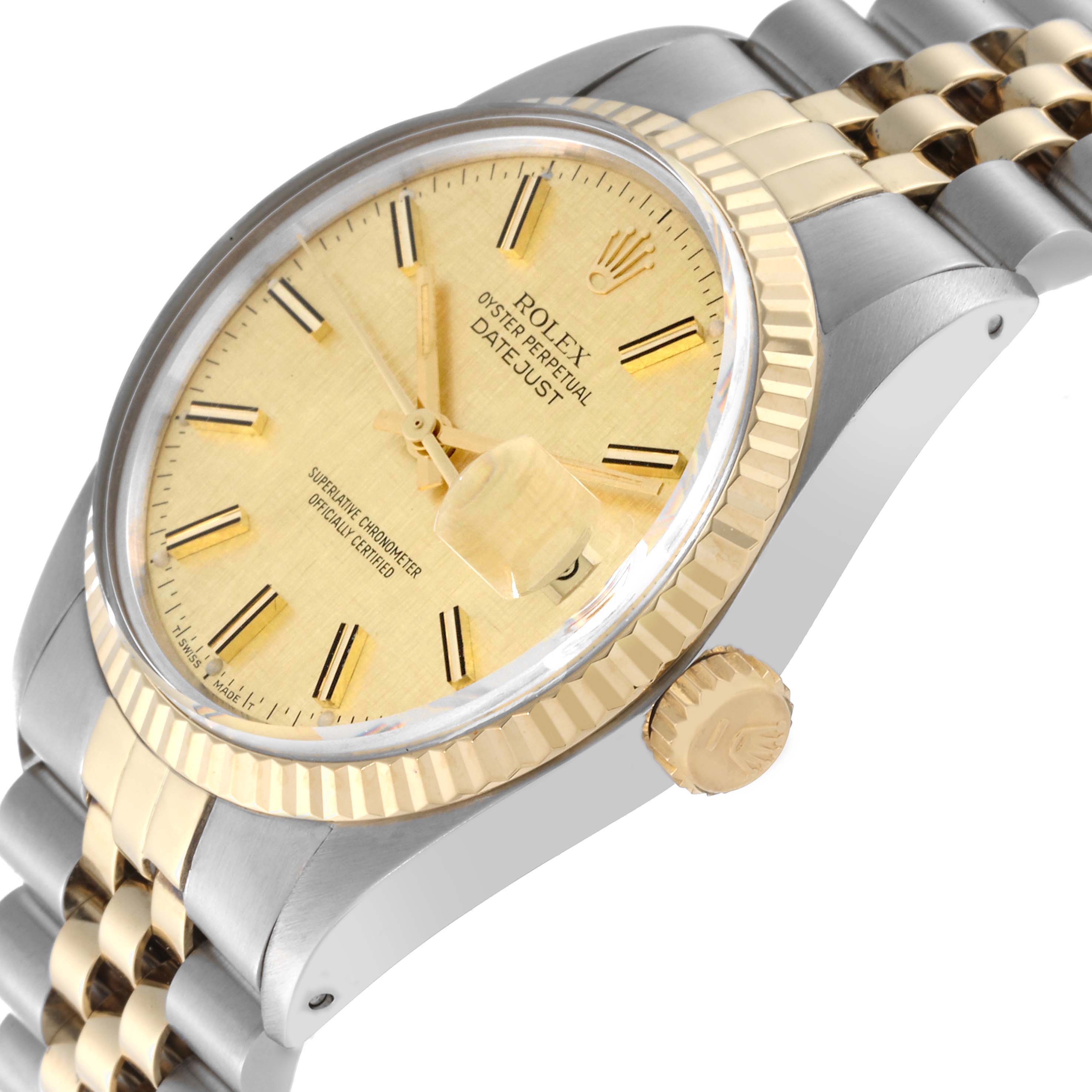 The image shows a Rolex Vintage Collection 16013 Men's Steel and Gold (two tone) Champagne Dial 16013 Men's Steel and Gold (two tone) Champagne Dial Datejust watch at a slight angle from the front, highlighting the dial, bezel, crown, and bracelet.