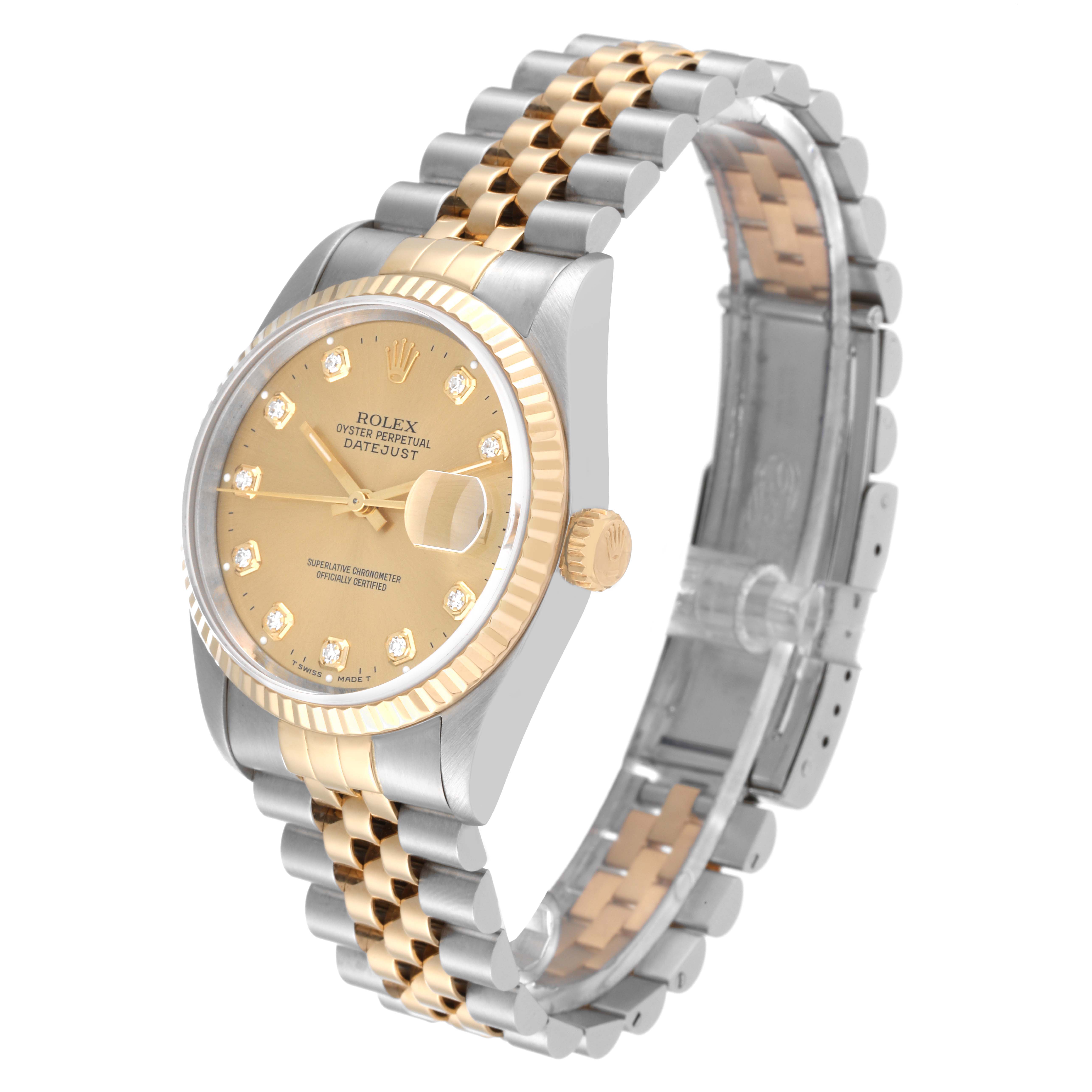 The image shows a Rolex Datejust 16233 Men's Steel and Gold (two tone) Champagne Dial 16233 Men's Steel and Gold (two tone) Champagne Dial watch from an angled view, highlighting the dial, crown, and Jubilee bracelet.