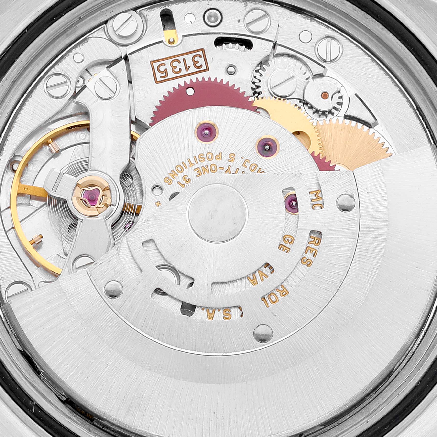 The image shows the internal mechanism and movement of a Rolex Datejust 16233 Men's Steel and Gold (two tone) Champagne Dial 16233 Men's Steel and Gold (two tone) Champagne Dial watch viewed from the back.