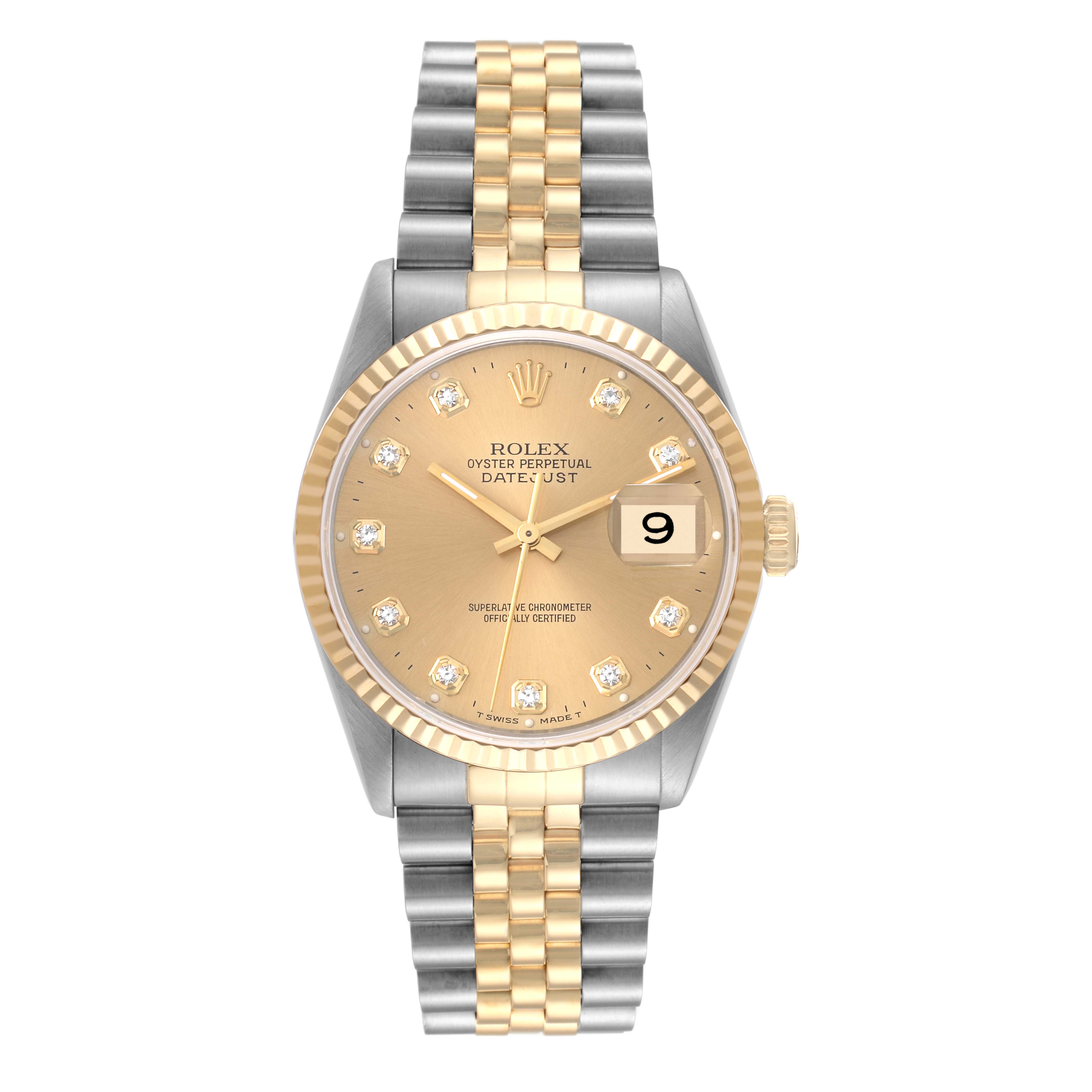 The image shows a frontal view of the Rolex Datejust 16233 Men's Steel and Gold (two tone) Champagne Dial 16233 Men's Steel and Gold (two tone) Champagne Dial watch, displaying its two-tone bracelet, gold dial, and date window.