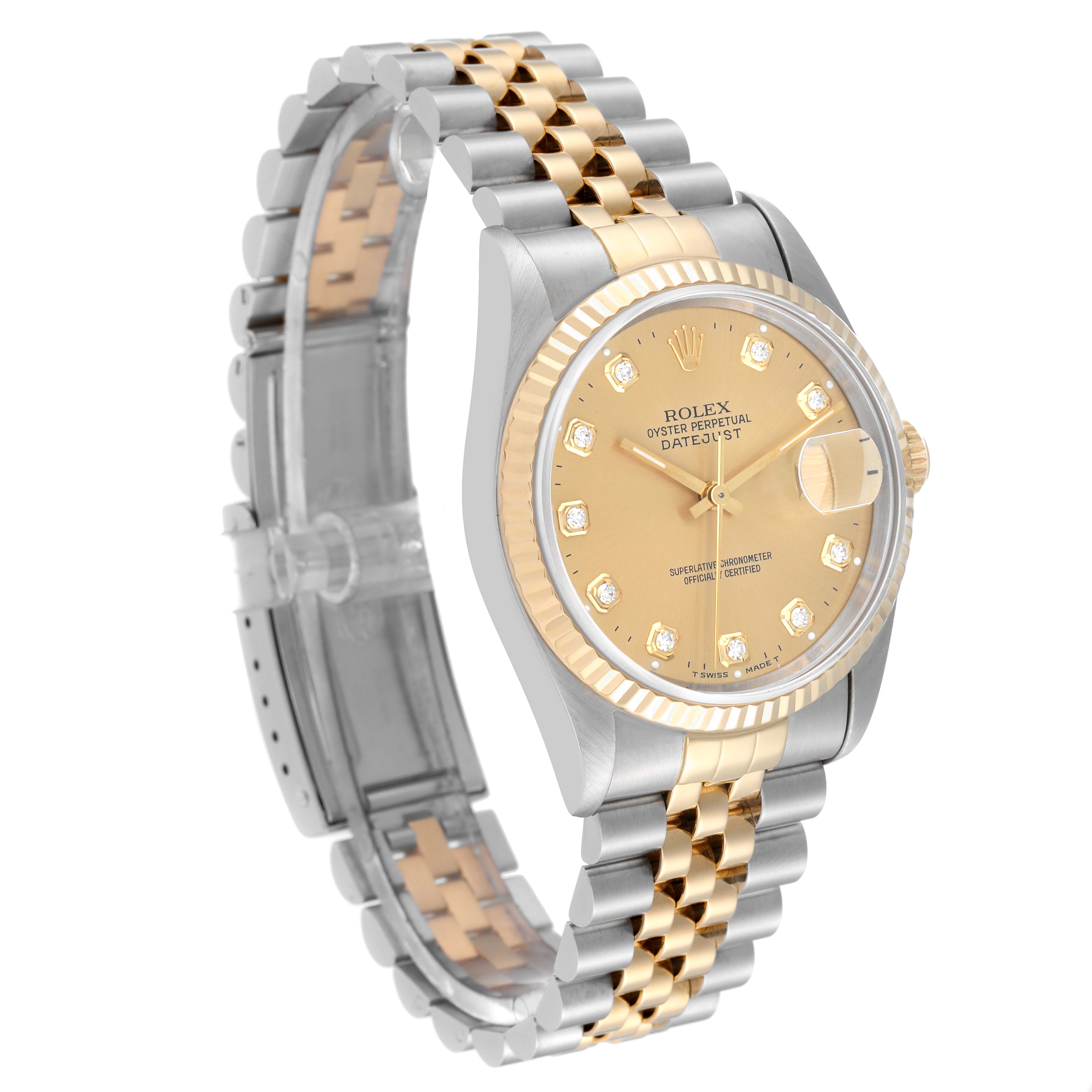 The image shows a Rolex Datejust 16233 Men's Steel and Gold (two tone) Champagne Dial 16233 Men's Steel and Gold (two tone) Champagne Dial watch with a gold and silver bracelet, viewed from an angled side perspective.