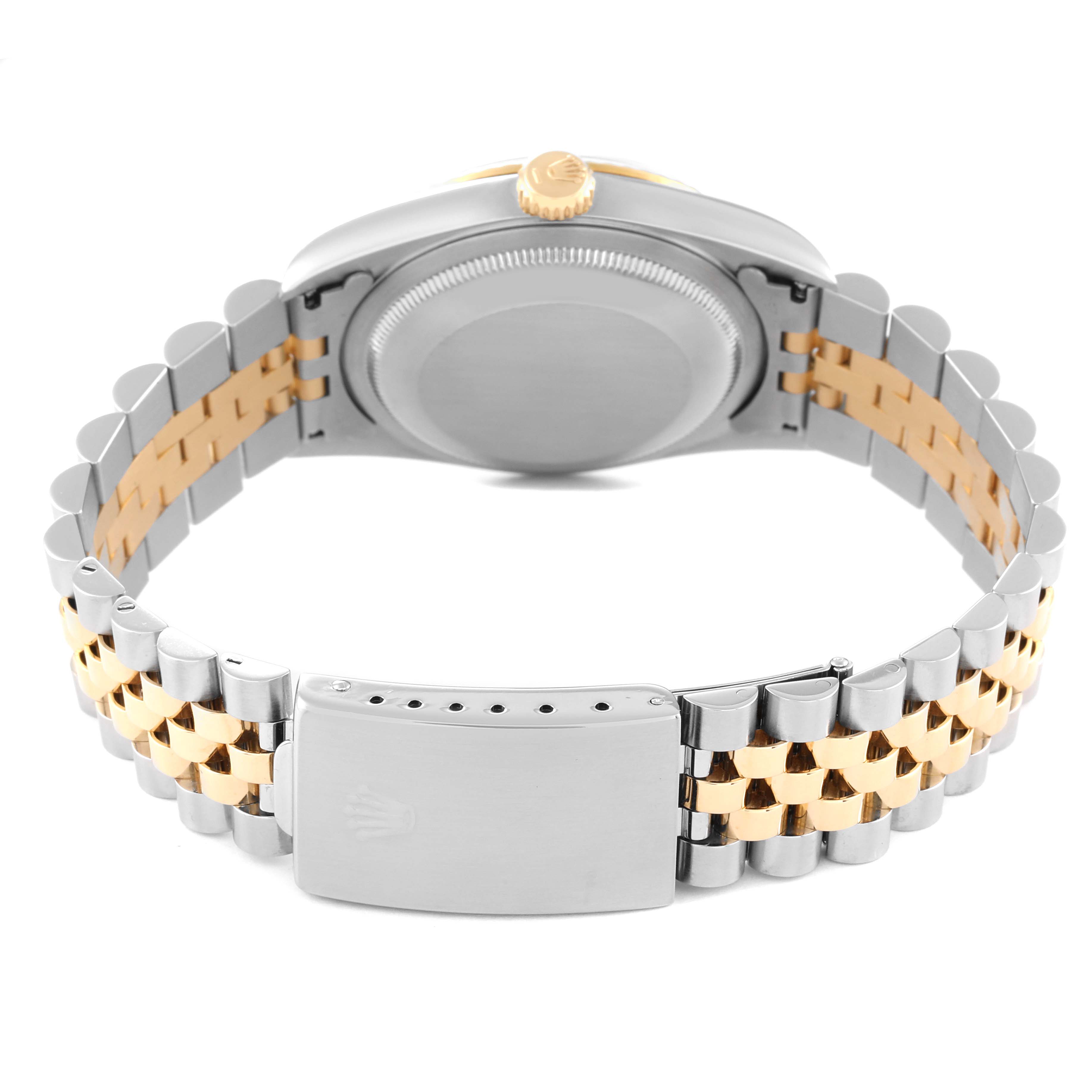 The image shows the back of the Rolex Datejust 16233 Men's Steel and Gold (two tone) Champagne Dial 16233 Men's Steel and Gold (two tone) Champagne Dial watch, focusing on its case back, crown, and two-tone bracelet.