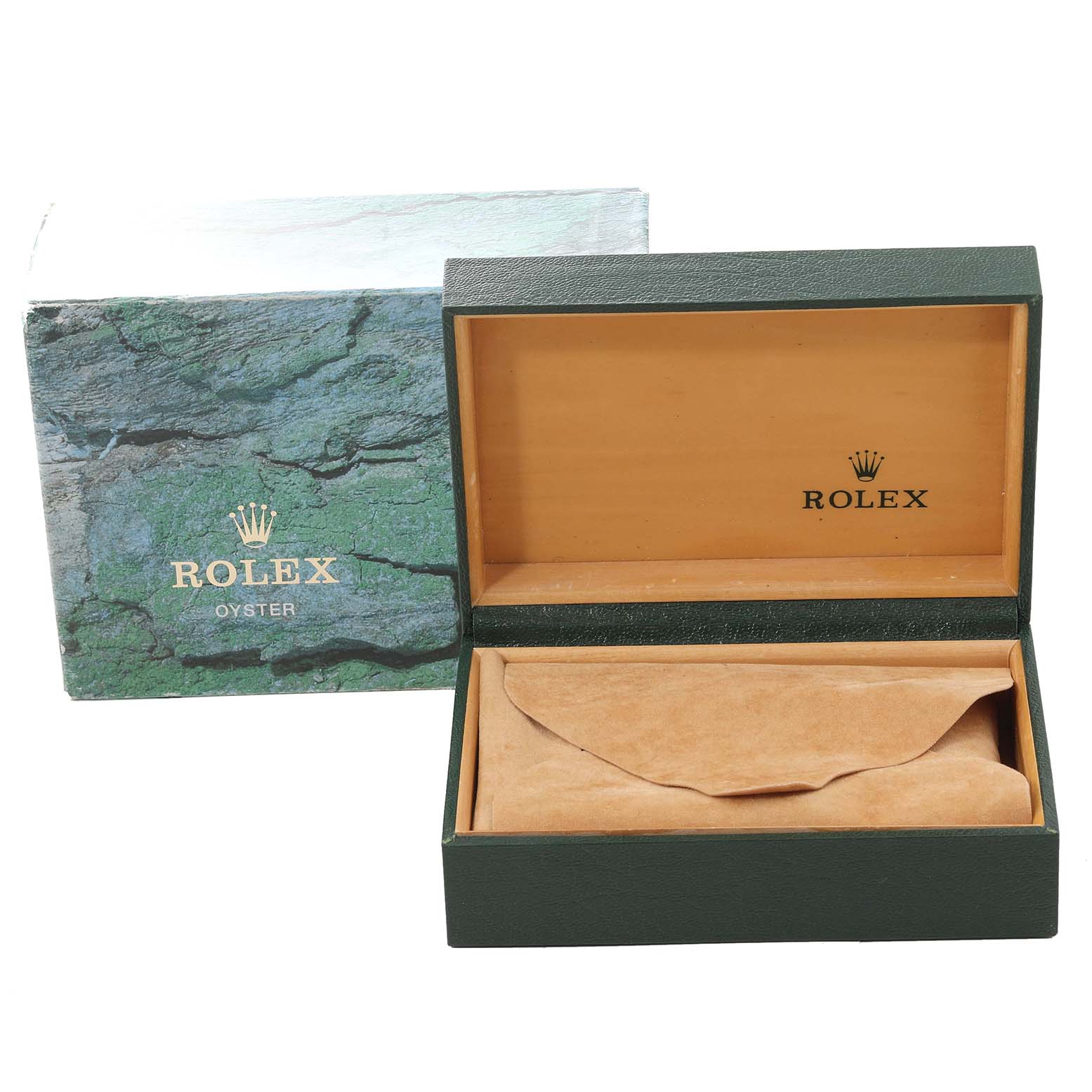 The image shows an open Rolex Datejust 16233 Men's Steel and Gold (two tone) Champagne Dial 16233 Men's Steel and Gold (two tone) Champagne Dial watch box with an inner pouch and an outer sleeve.