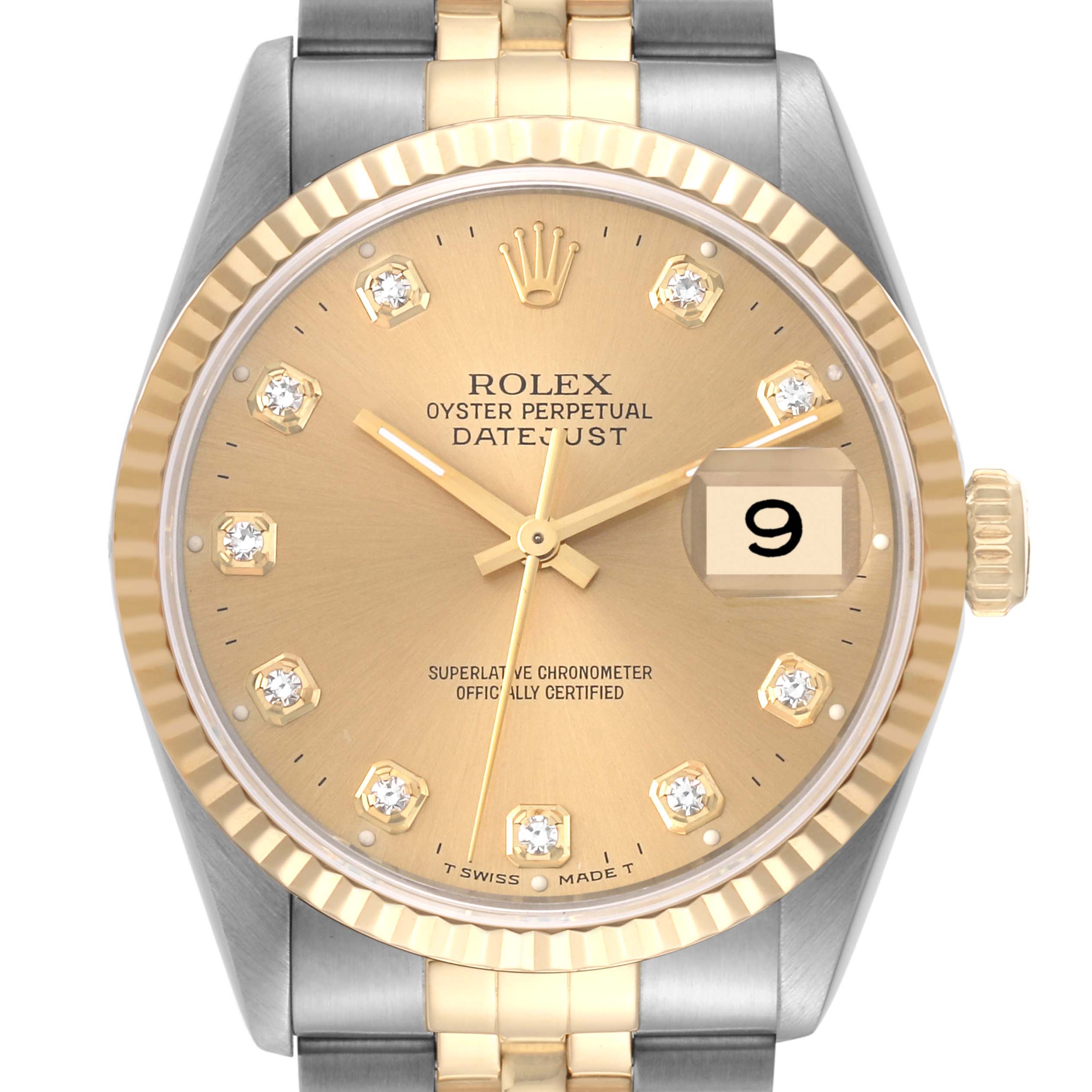This image shows a frontal view of a Rolex Datejust 16233 Men's Steel and Gold (two tone) Champagne Dial 16233 Men's Steel and Gold (two tone) Champagne Dial watch, showcasing its dial, bezel, crown, and part of the bracelet.