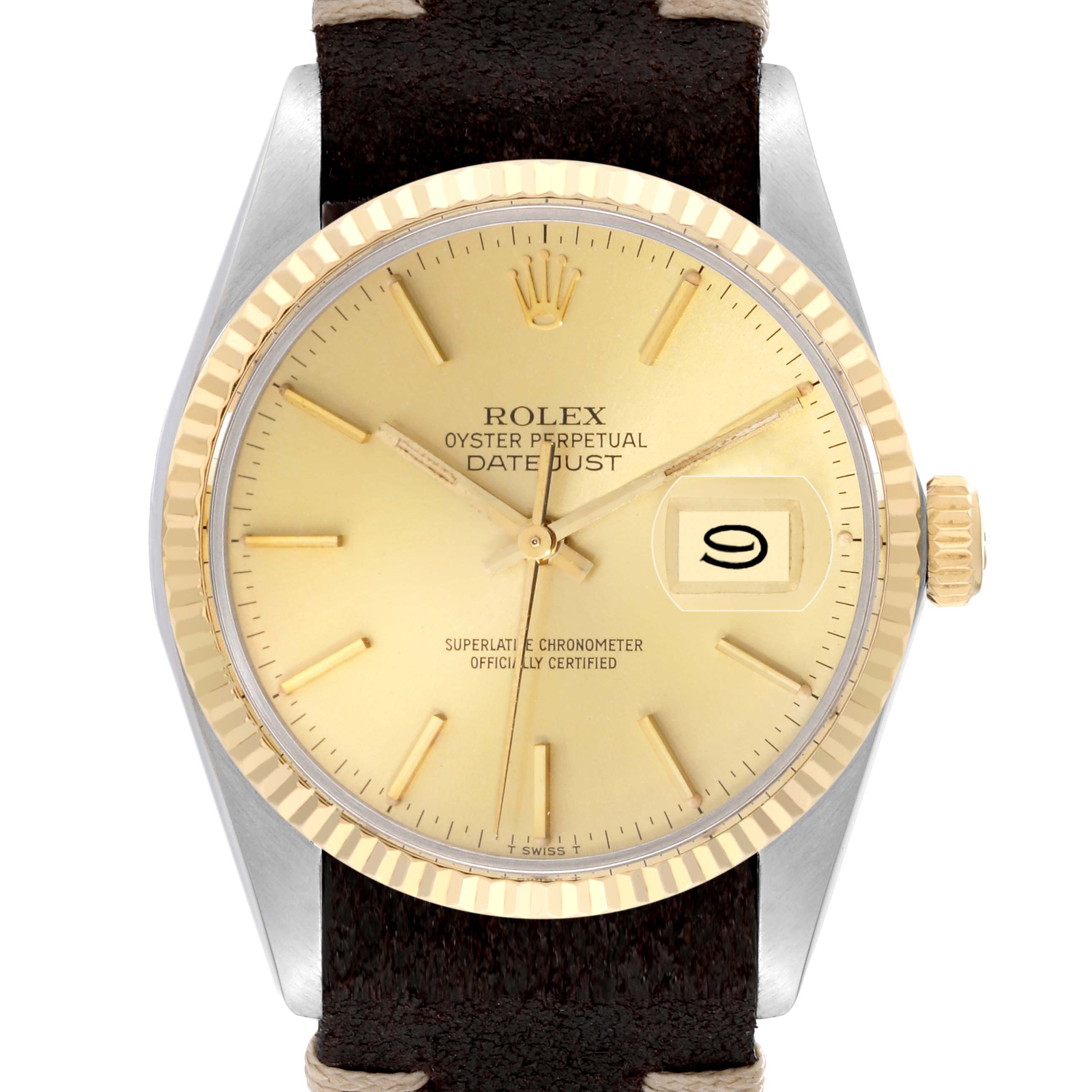 This image shows a front view of the Rolex Vintage Collection 16013 Men's Steel and Gold (two tone) Champagne Dial 16013 Men's Steel and Gold (two tone) Champagne Dial Datejust, highlighting the dial, bezel, and crown.