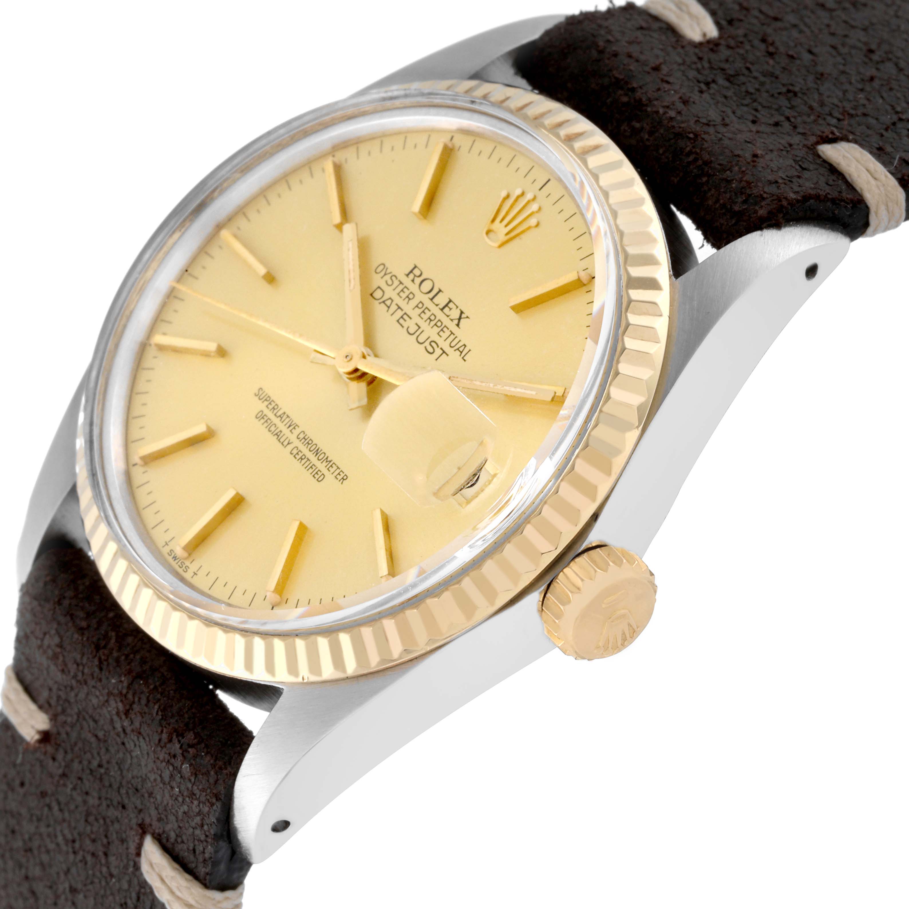 The image shows a Rolex Vintage Collection 16013 Men's Steel and Gold (two tone) Champagne Dial 16013 Men's Steel and Gold (two tone) Champagne Dial model Datejust watch from an angled view, highlighting the gold bezel, crown, and beige dial.
