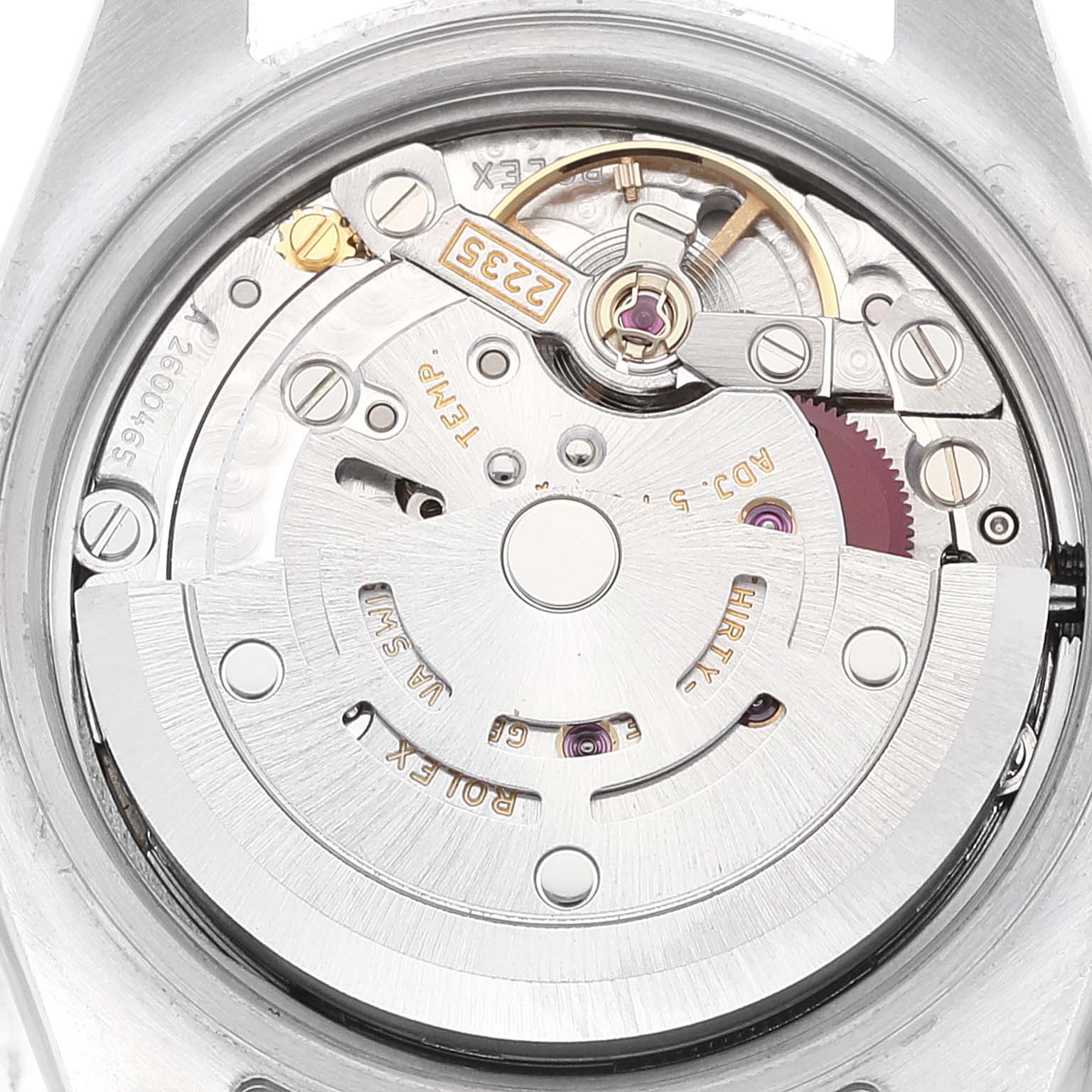 This image shows the movement mechanism of a Rolex Datejust 179173 Women
s Steel and Gold (two tone) White Dial 179173 Women
s Steel and Gold (two tone) White Dial watch from a top-down view.