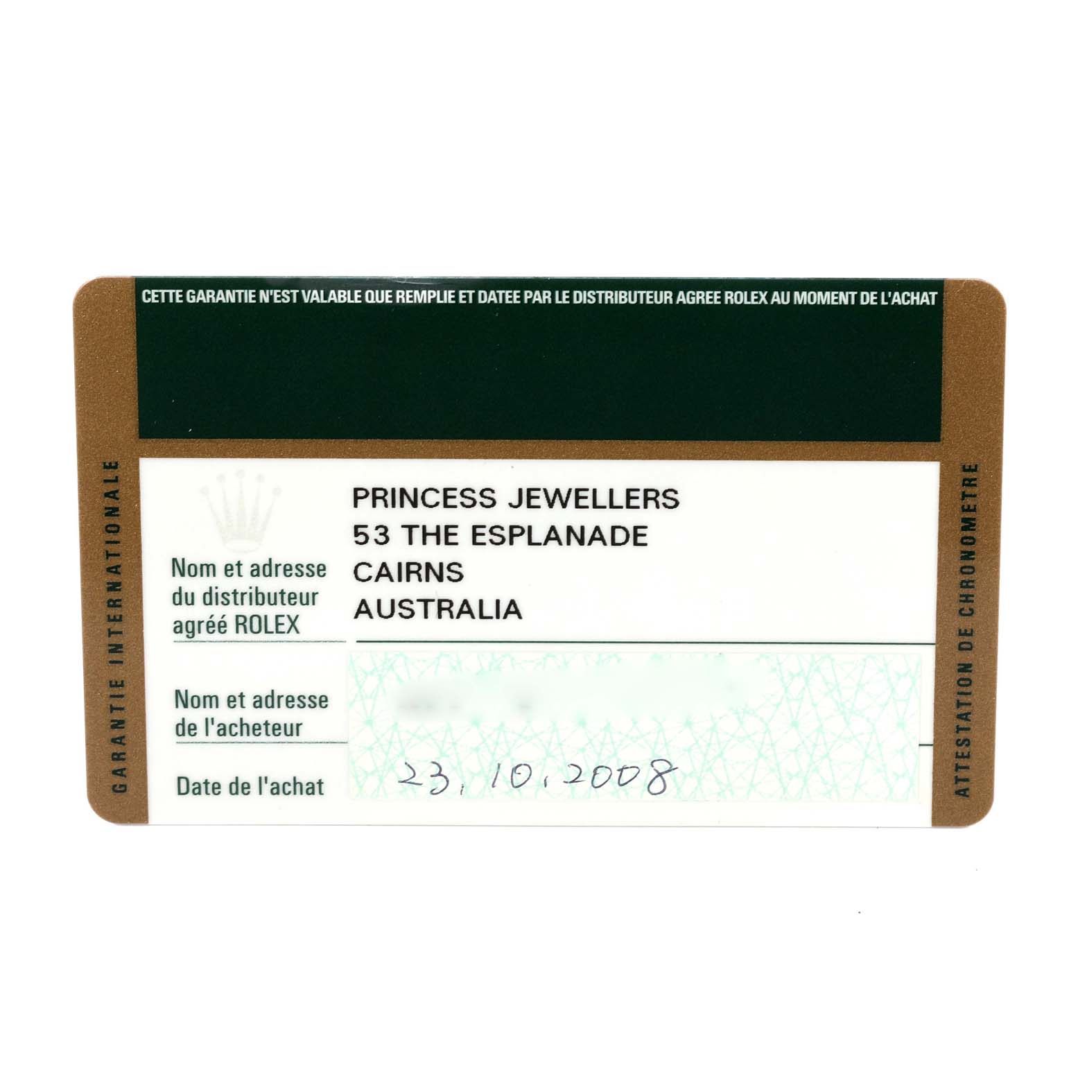 This image shows a warranty card for a Rolex Datejust 179173 Women
s Steel and Gold (two tone) White Dial 179173 Women
s Steel and Gold (two tone) White Dial watch, including details like the seller
s address and purchase date.