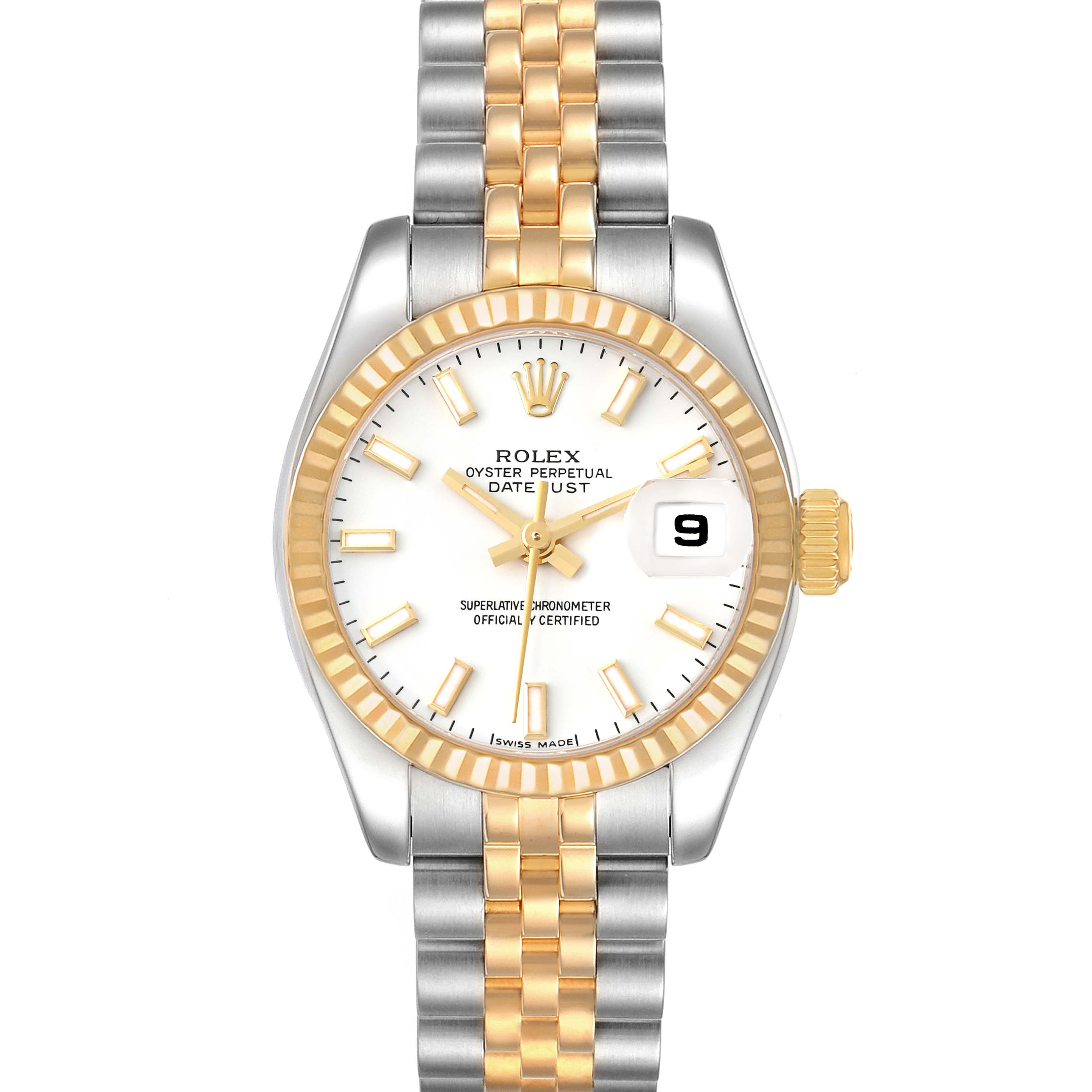 The image shows a frontal view of the Rolex Datejust 179173 Women
s Steel and Gold (two tone) White Dial 179173 Women
s Steel and Gold (two tone) White Dial watch, featuring its two-tone bracelet and white dial with gold accents.
