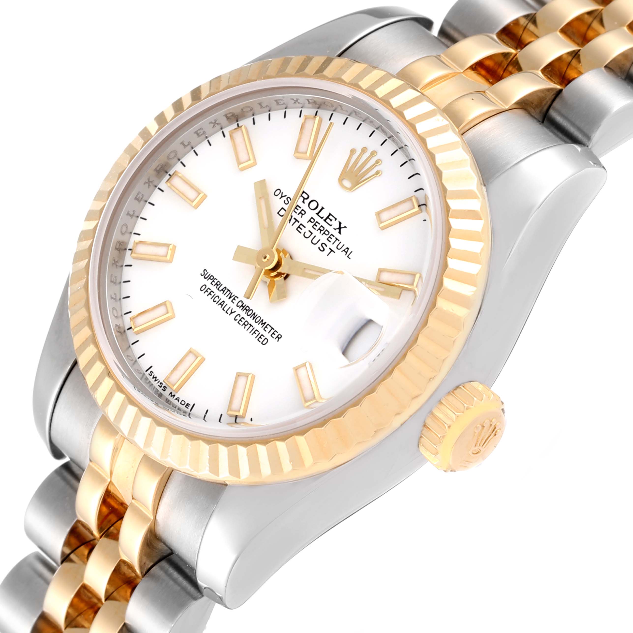 This image shows a close-up angle of the Rolex Datejust 179173 Women
s Steel and Gold (two tone) White Dial 179173 Women
s Steel and Gold (two tone) White Dial watch, highlighting the dial, fluted bezel, and part of the bracelet.