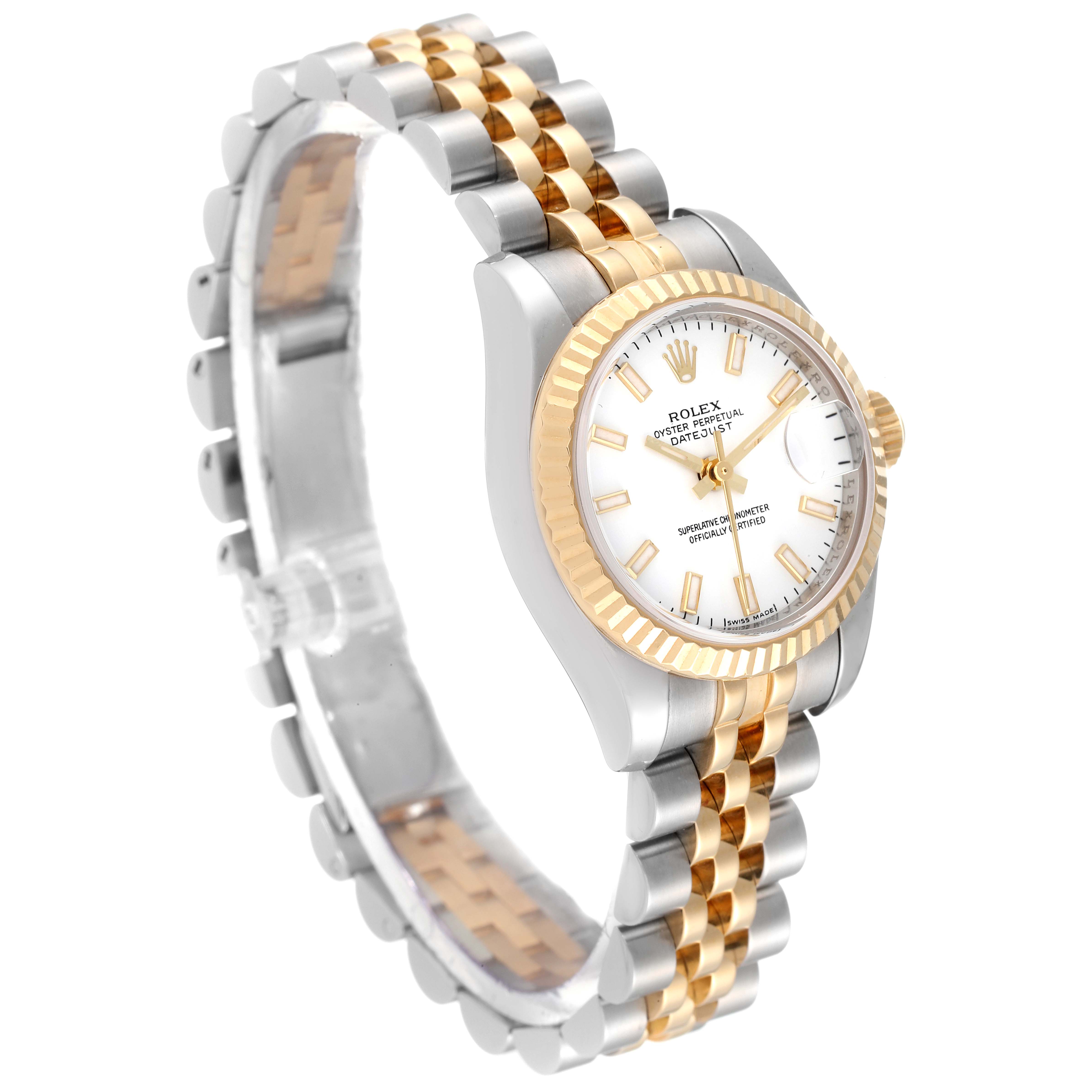 The image shows a Rolex Datejust 179173 Women
s Steel and Gold (two tone) White Dial 179173 Women
s Steel and Gold (two tone) White Dial watch at a three-quarter angle, highlighting the bracelet, bezel, dial, and crown.