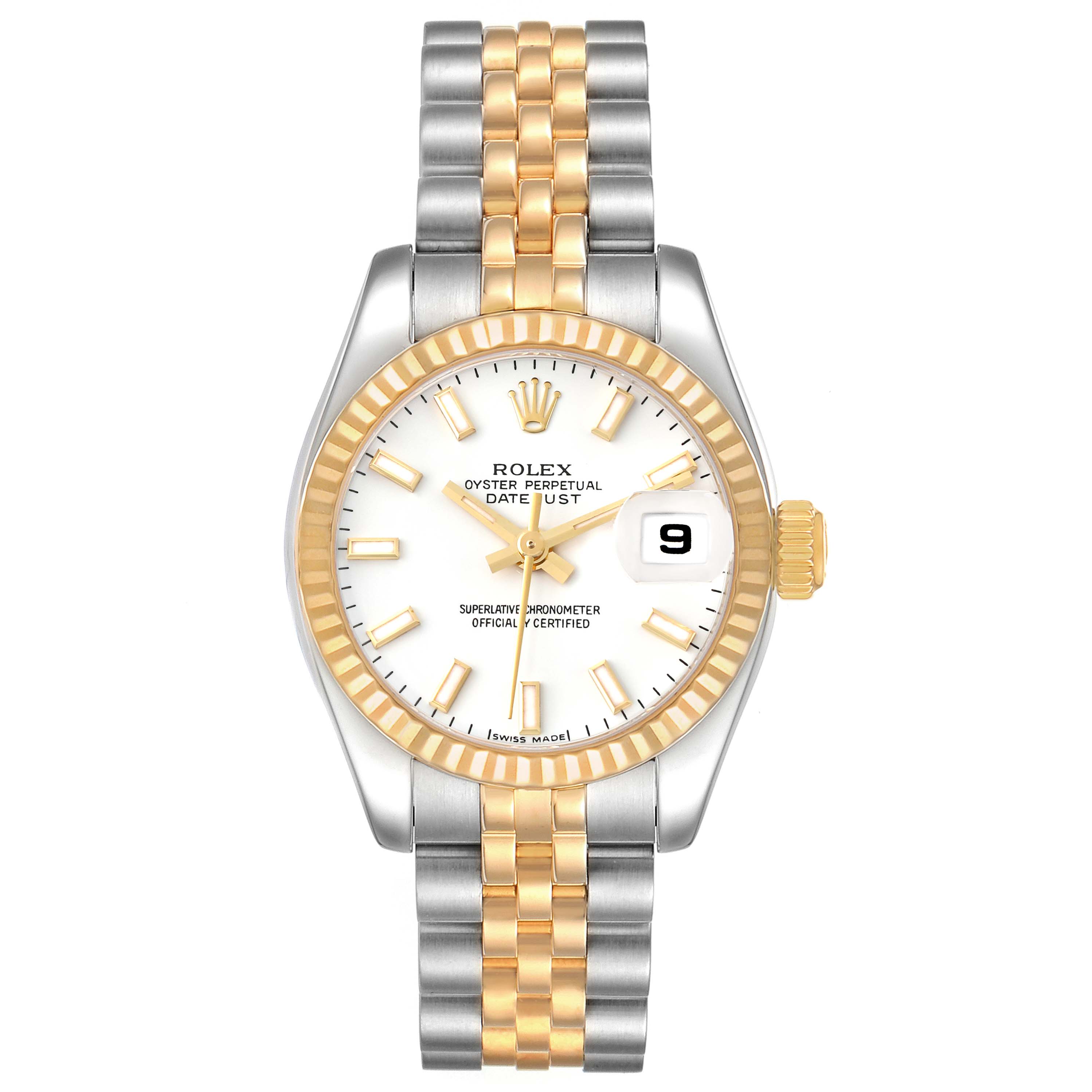 This image shows a front view of the Rolex Datejust 179173 Women
s Steel and Gold (two tone) White Dial 179173 Women
s Steel and Gold (two tone) White Dial watch with a two-tone bracelet and gold bezel, featuring a date window at 3 o
clock.