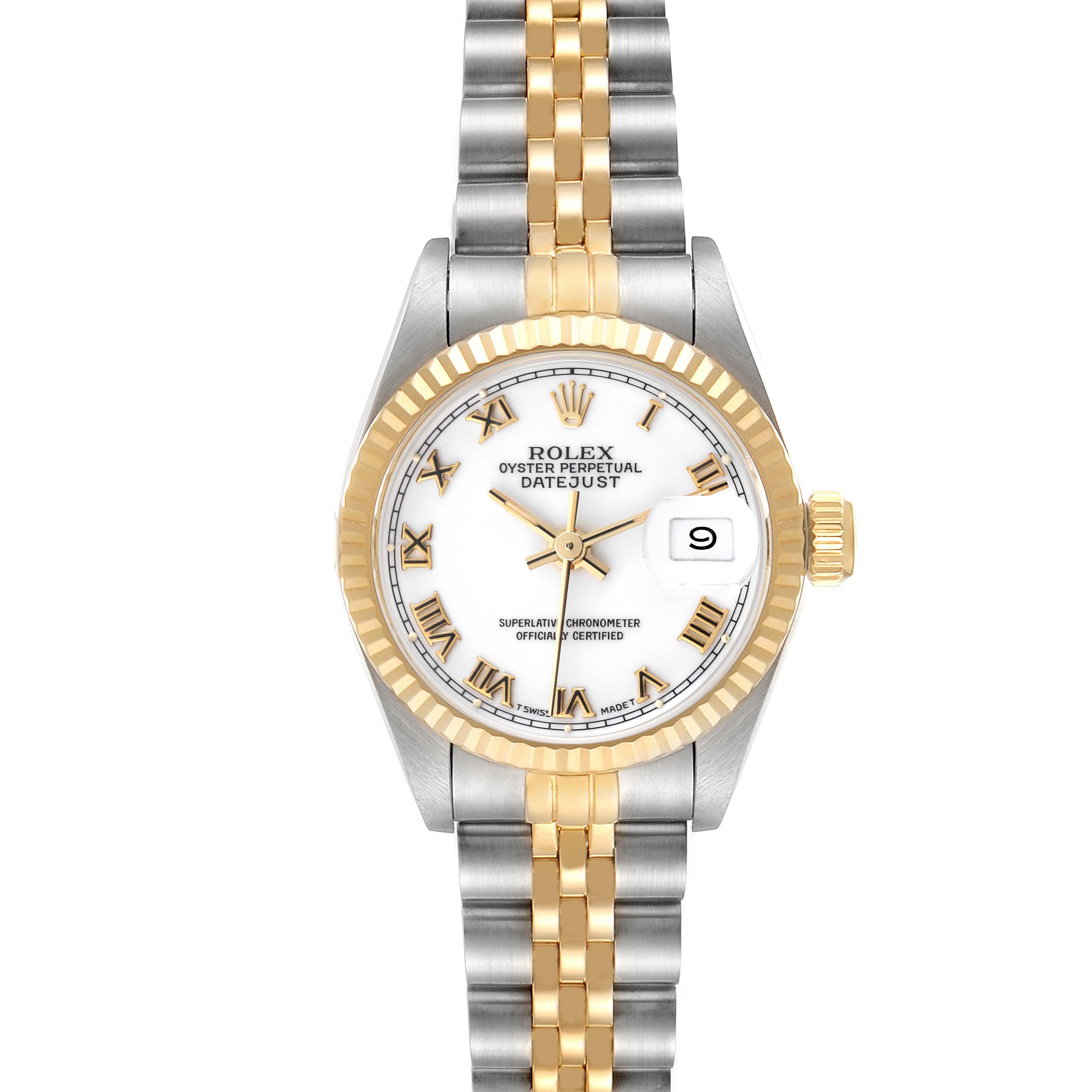 This image shows a front view of the Rolex Datejust 69173 Women's Steel and Gold (two tone) White Dial 69173 Women's Steel and Gold (two tone) White Dial watch, displaying the face, bezel, crown, and two-tone bracelet.