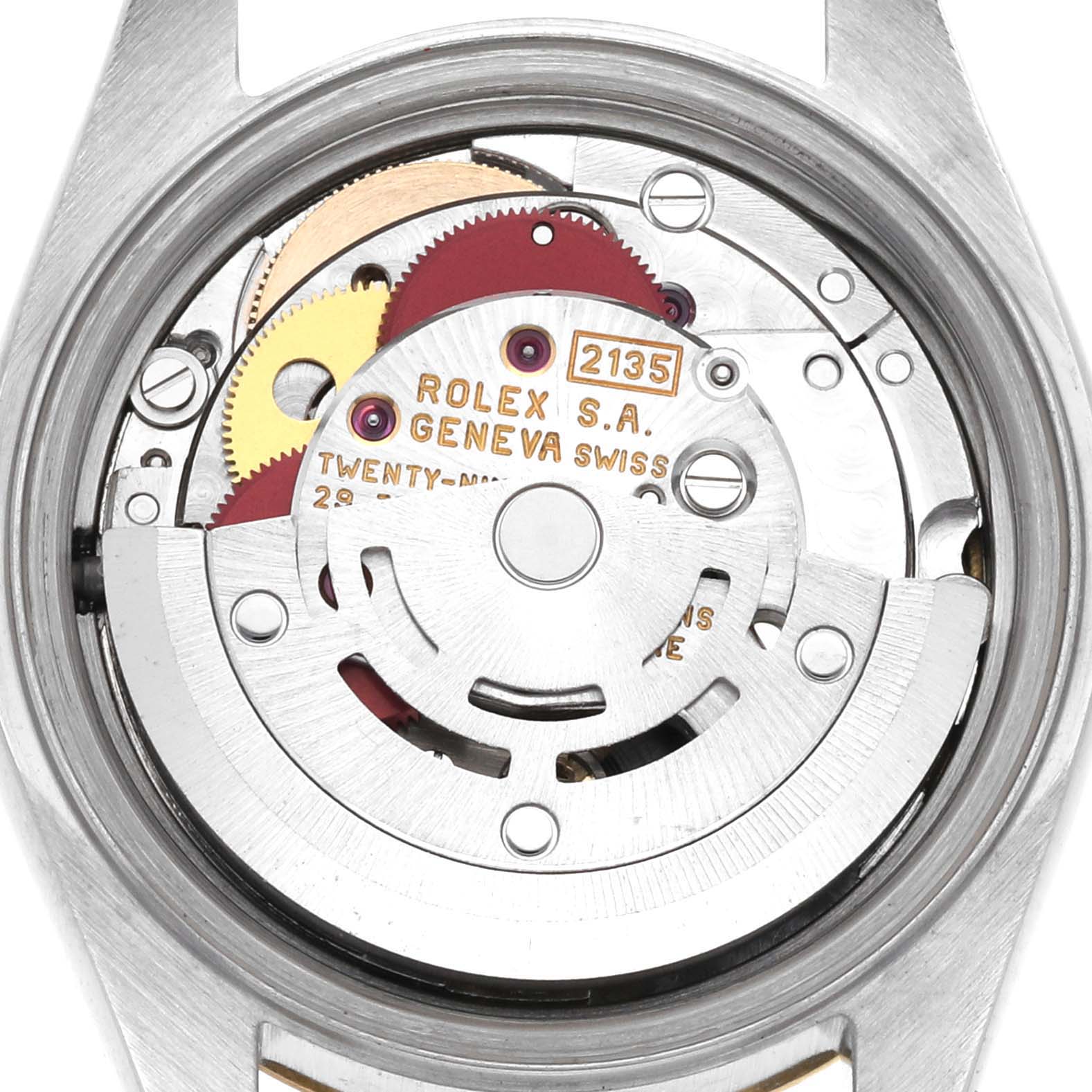 The image displays the internal movement mechanism of a Rolex Datejust 69173 Women's Steel and Gold (two tone) White Dial 69173 Women's Steel and Gold (two tone) White Dial watch from a back angle.