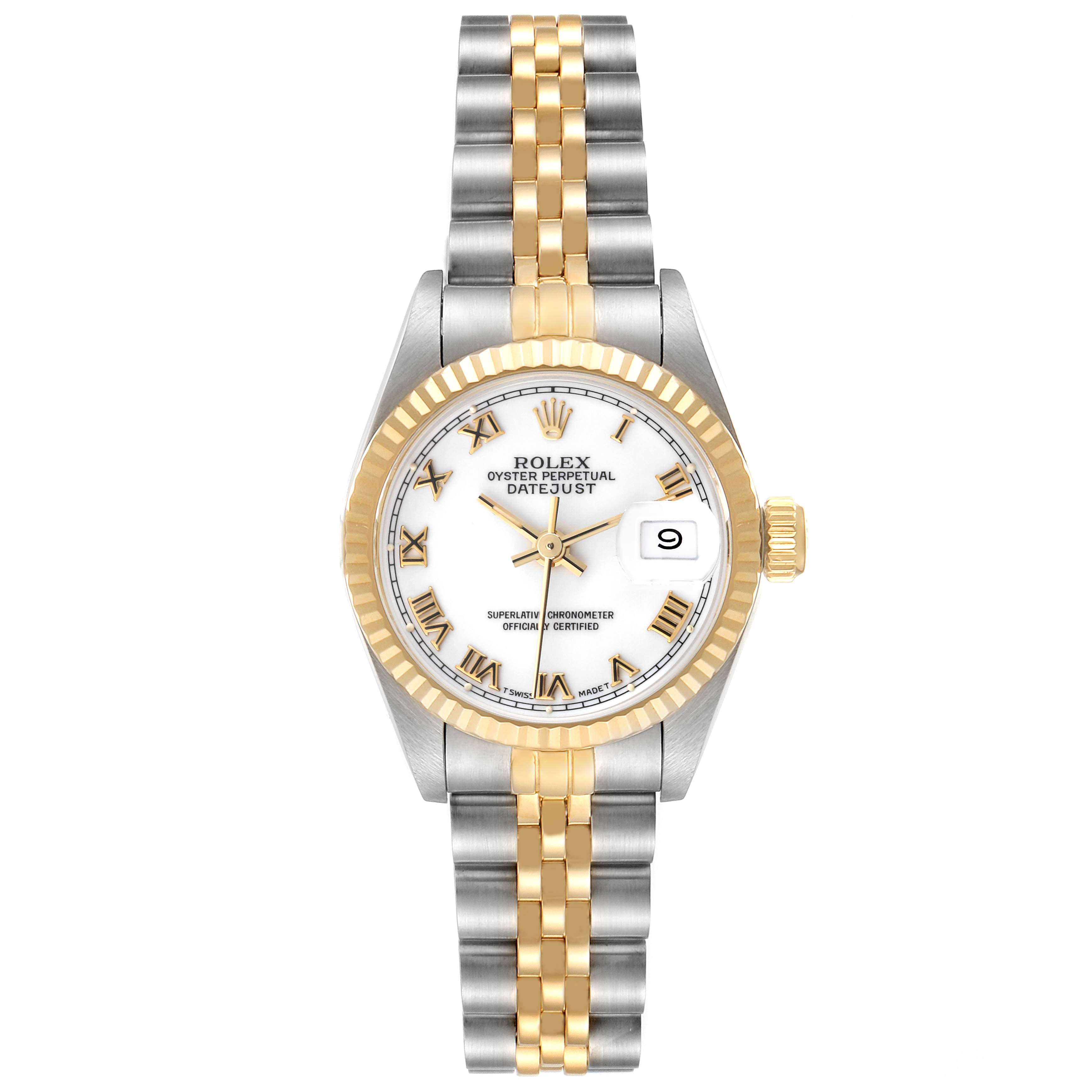 This image shows a frontal view of a Rolex Datejust 69173 Women's Steel and Gold (two tone) White Dial 69173 Women's Steel and Gold (two tone) White Dial watch, showcasing its two-tone bracelet, white dial, and date window.
