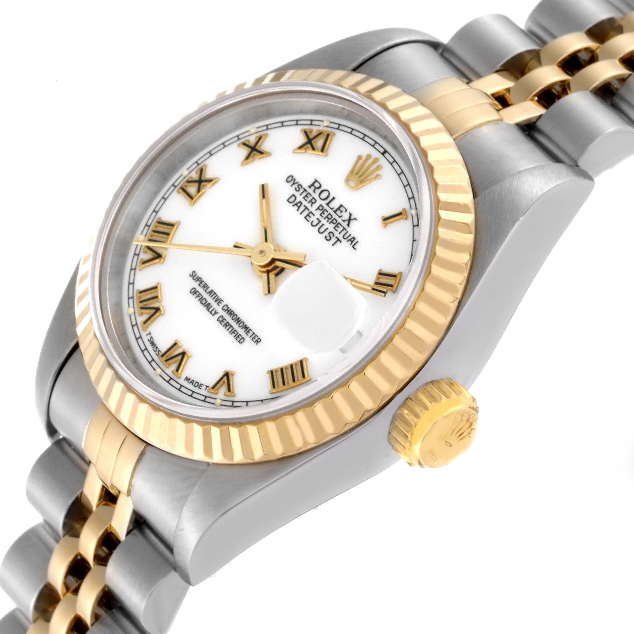The image shows an angled view of the Rolex Datejust 69173 Women's Steel and Gold (two tone) White Dial 69173 Women's Steel and Gold (two tone) White Dial with its face, bezel, crown, and bracelet visible.