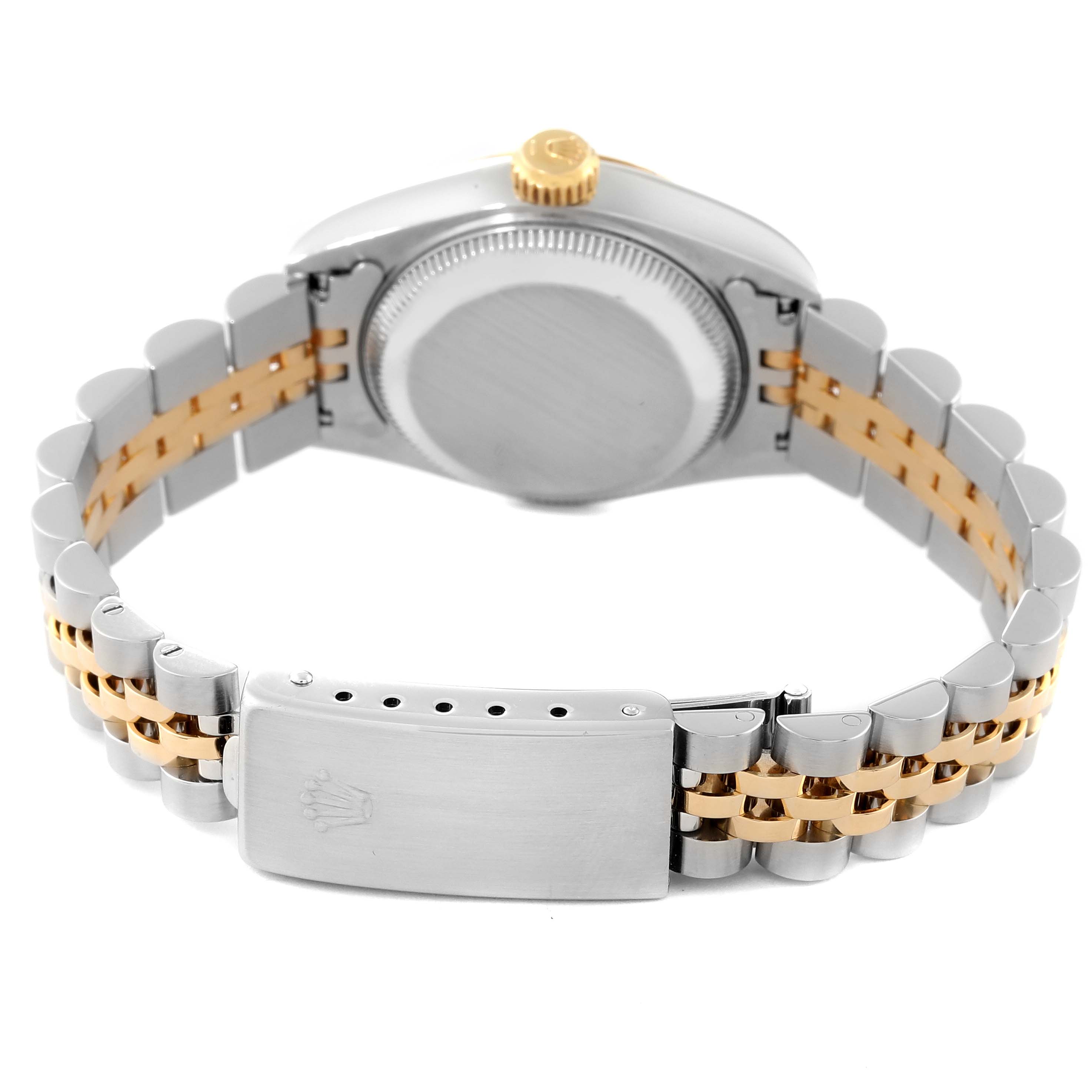 This image shows the back case, crown, and two-tone bracelet of a Rolex Datejust 69173 Women's Steel and Gold (two tone) White Dial 69173 Women's Steel and Gold (two tone) White Dial watch.